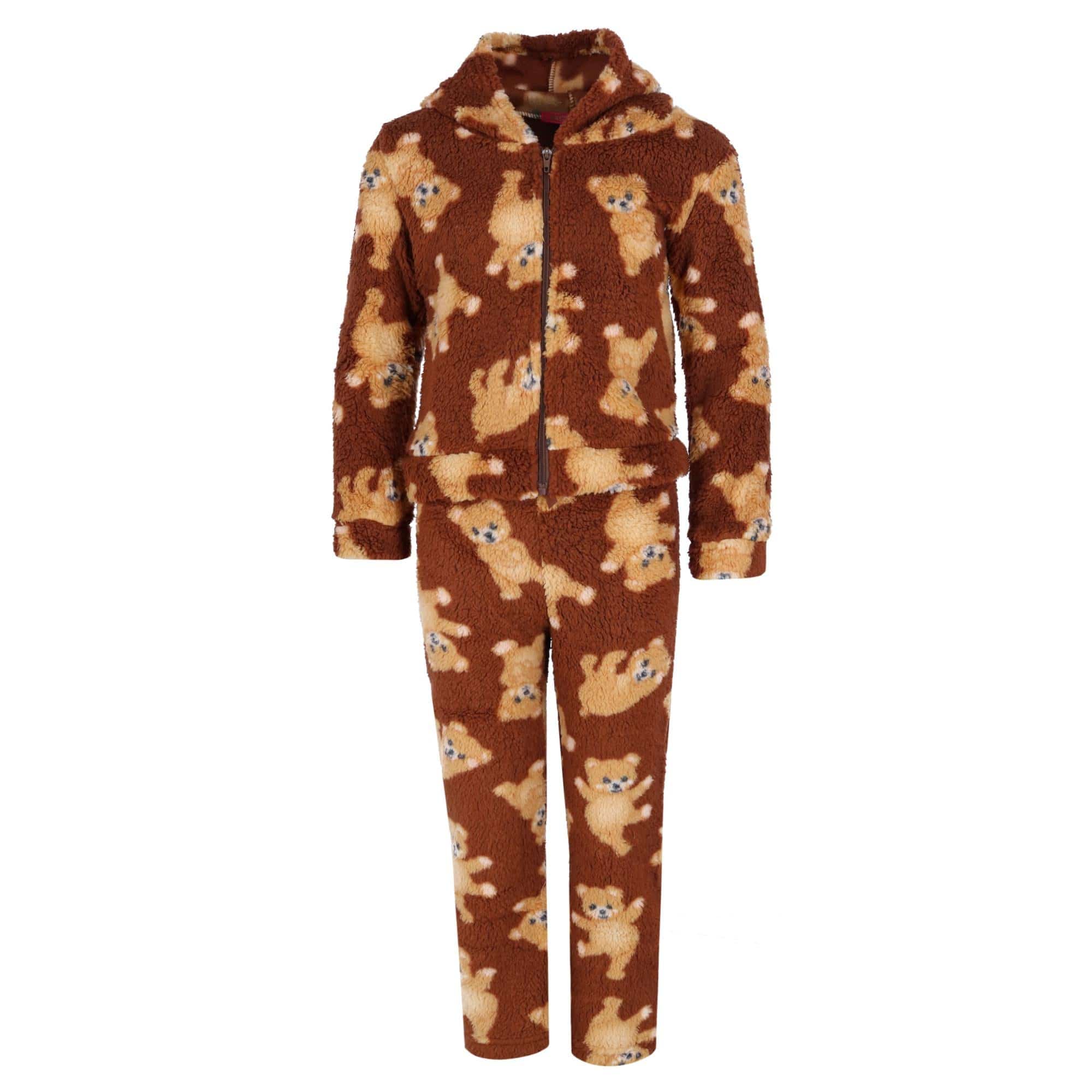 5 More Minutes Girl's Teddy Bear Sherpa Jacket and Pants PJ Set - Brown
