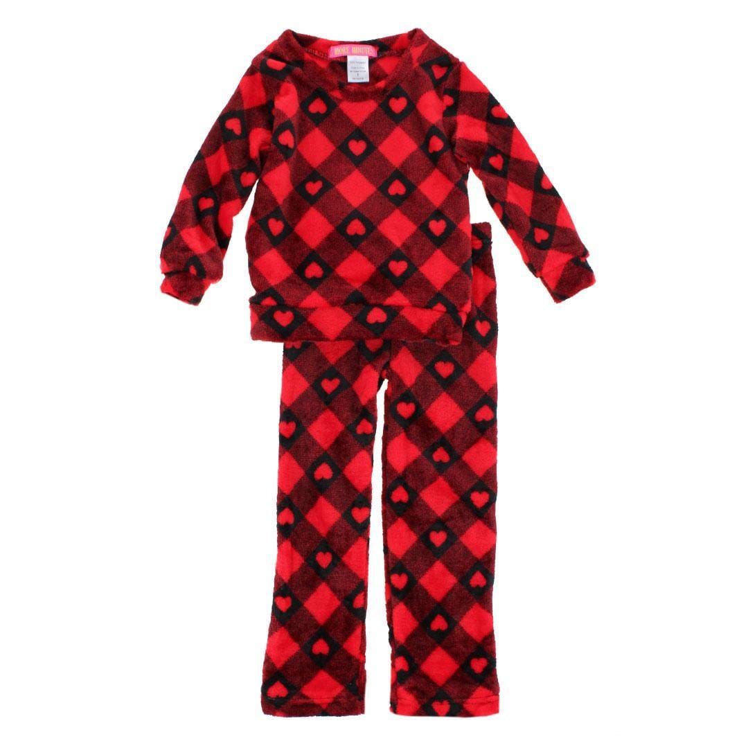 5 More Minutes Girls Buffalo Check Hearts Love Pant Plush Lounge Set - Girls Buffalo Check Hearts Love Pant Plush Lounge Set