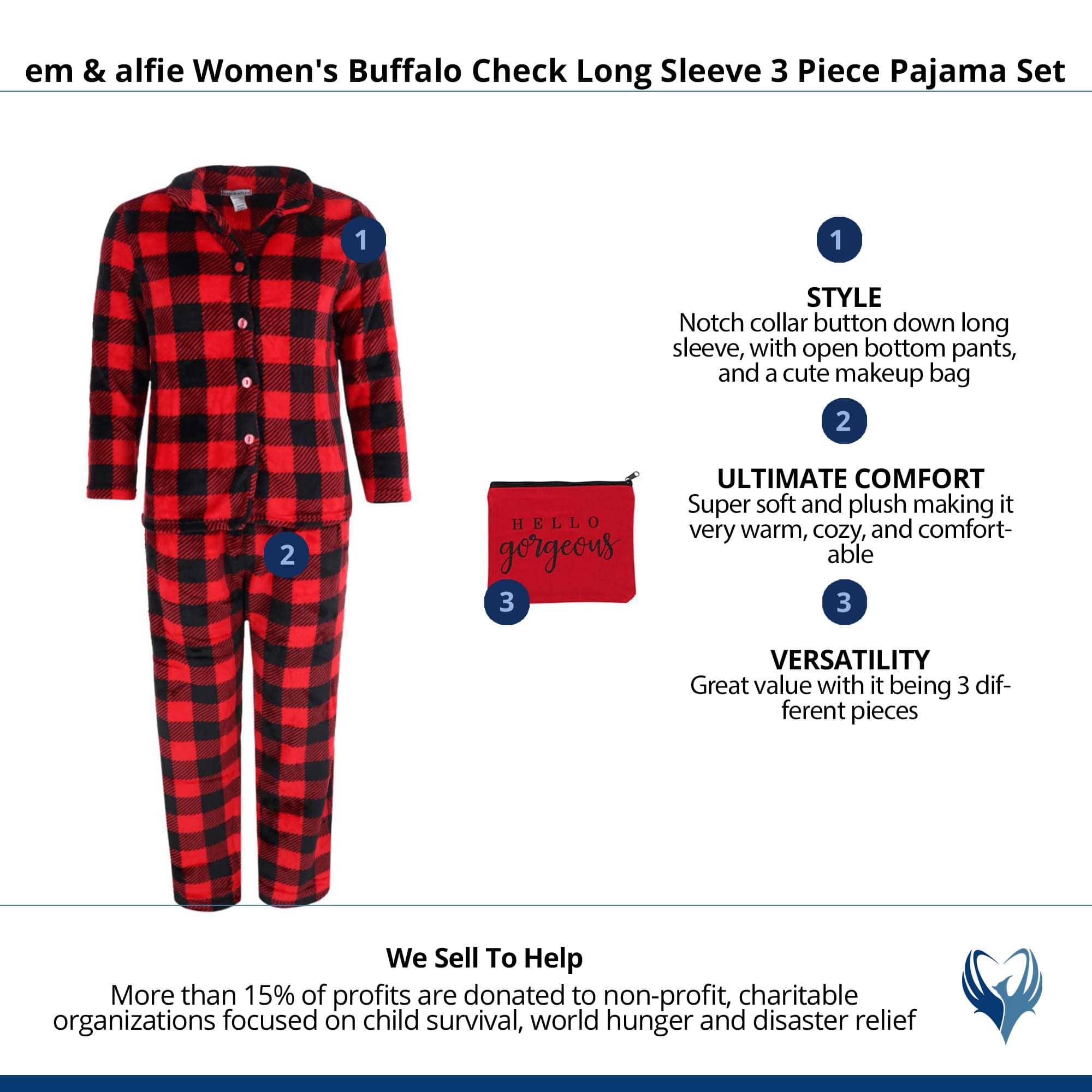 em & alfie Women's Buffalo Check Long Sleeve 3 Piece Pajama Set - Red