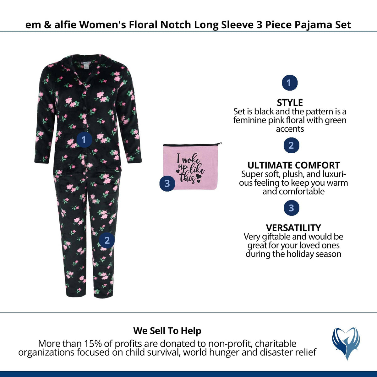 em & alfie Women's Floral Notch Long Sleeve 3 Piece Pajama Set - Black