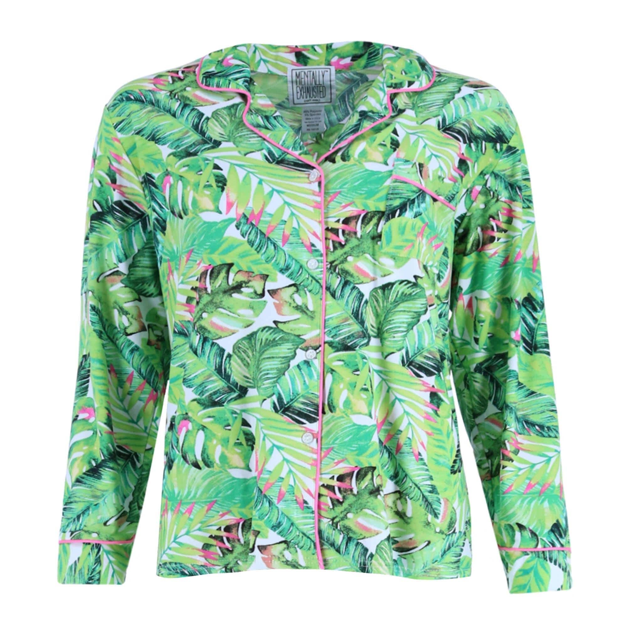 Mentally Exhausted Women's Hawaiian Notch Pajama Set - Green