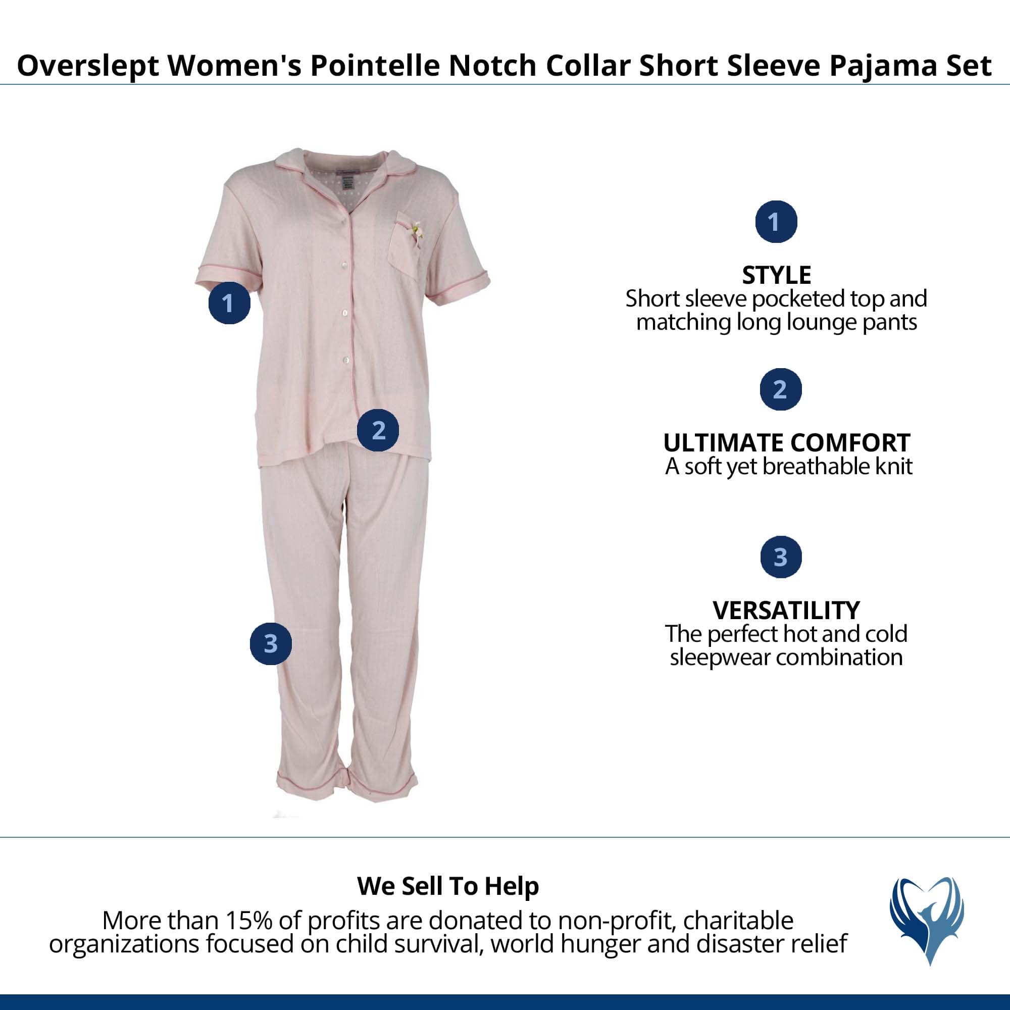 Overslept Women's Pointelle Notch Collar Short Sleeve Pajama Set - Pink