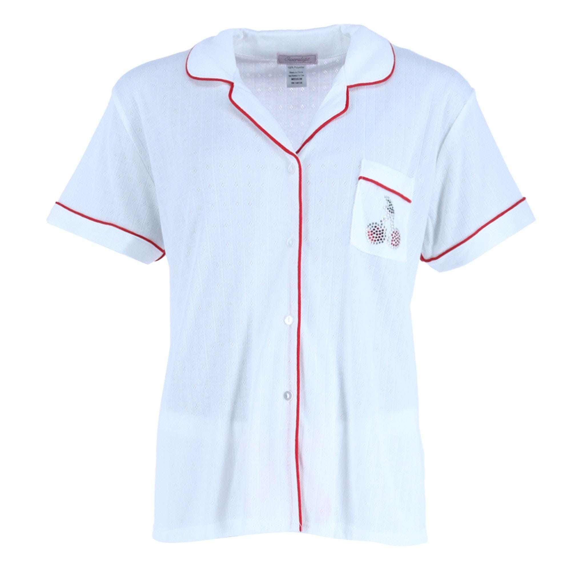 Overslept Women's Pointelle Cherries Notch Pajama Set - White