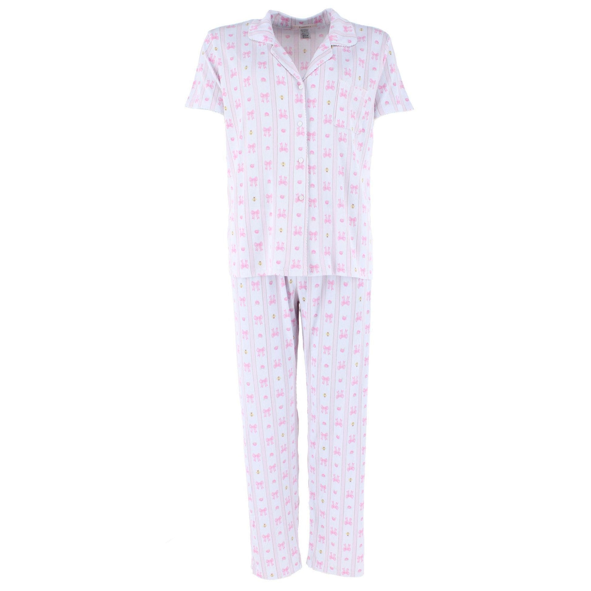 CTM® Women's Notched Collar Bow Striped Pajama Set by Gabriella - Pink