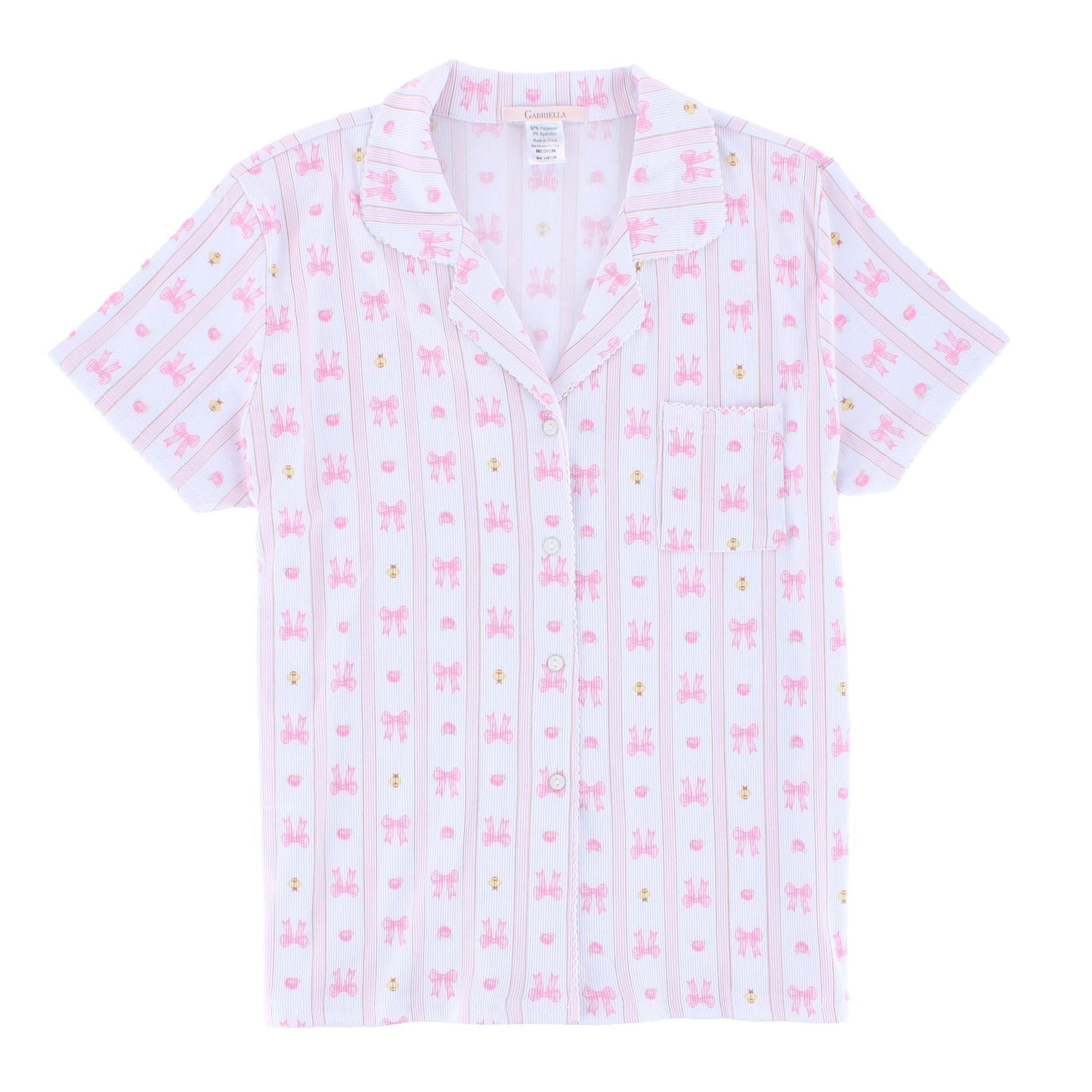 CTM® Women's Notched Collar Bow Striped Pajama Set by Gabriella - Pink