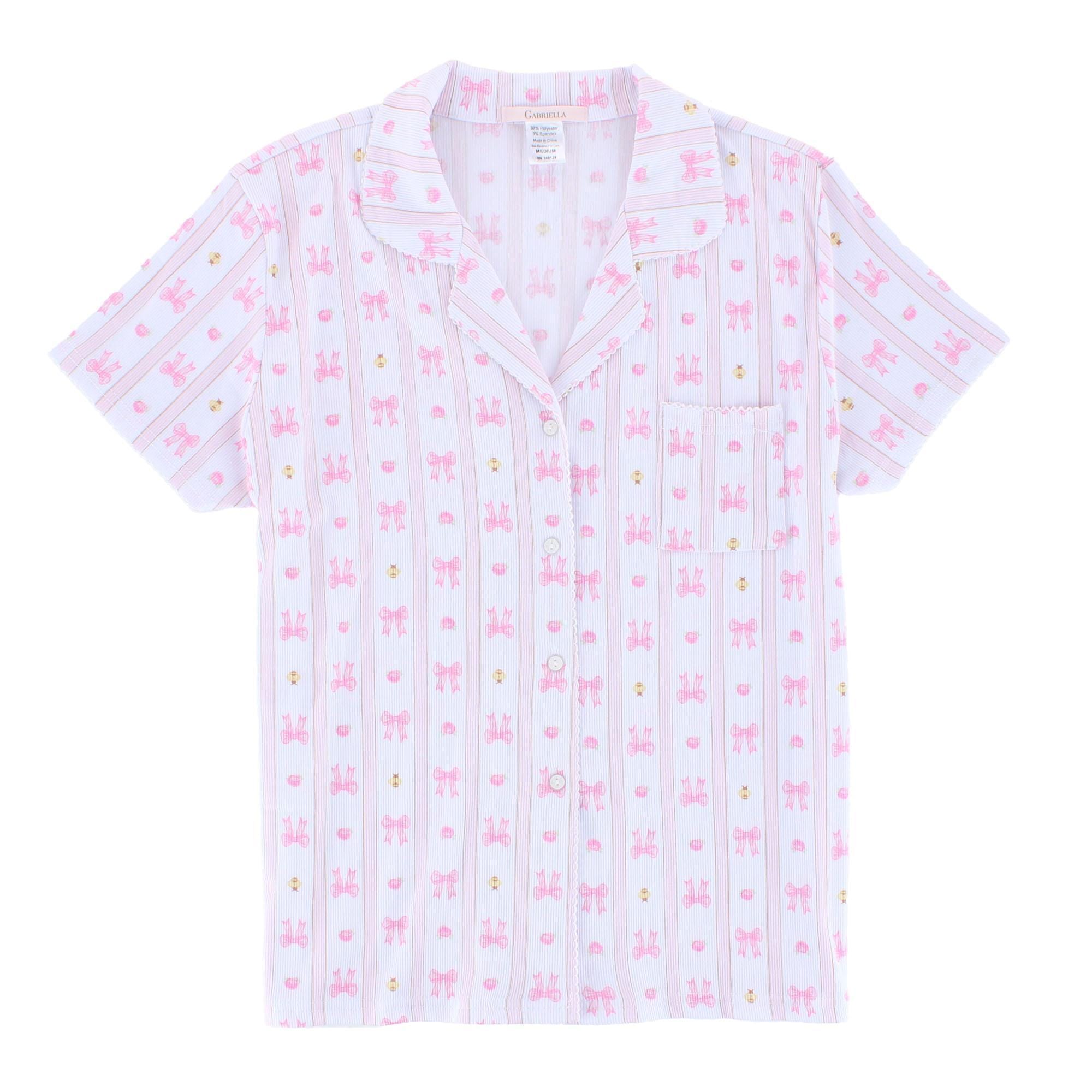 CTM® Women's Notched Collar Bow Striped Pajama Set by Gabriella - Pink