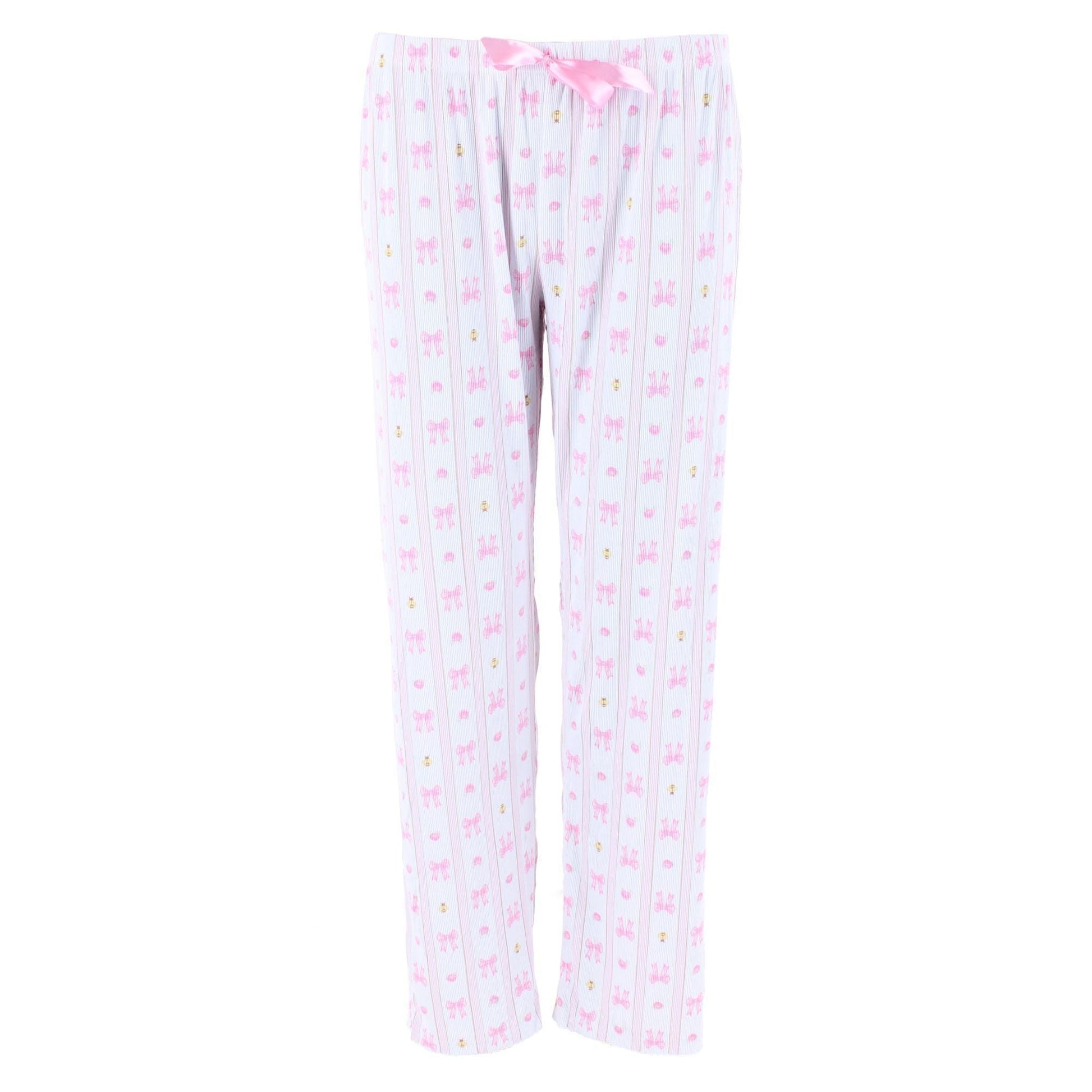 CTM® Women's Notched Collar Bow Striped Pajama Set by Gabriella - Pink