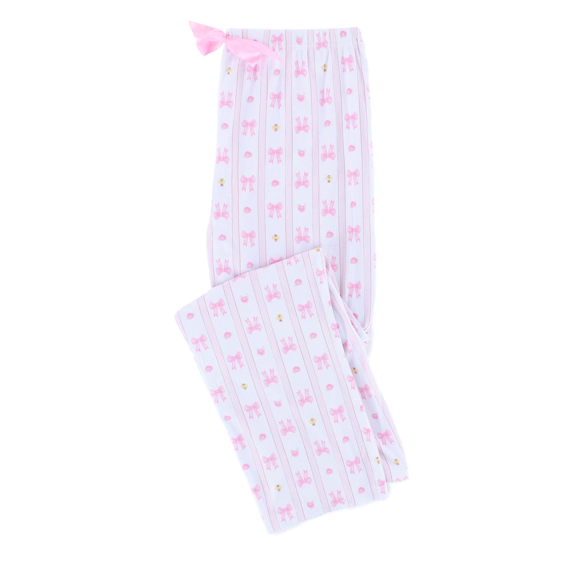 CTM® Women's Notched Collar Bow Striped Pajama Set by Gabriella - Pink