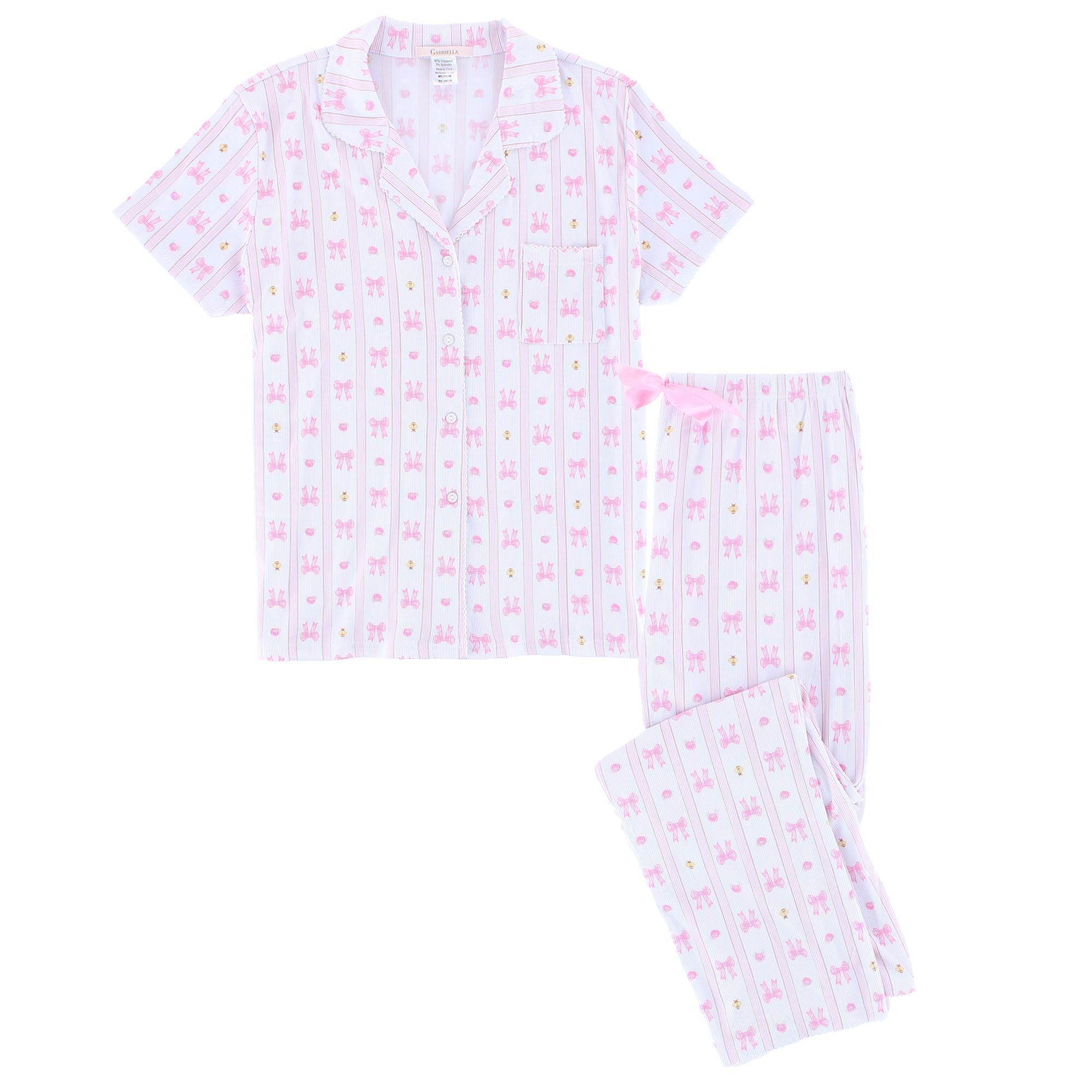 CTM® Women's Notched Collar Bow Striped Pajama Set by Gabriella - Women's Notched Collar Bow Striped Pajama Set by Gabriella