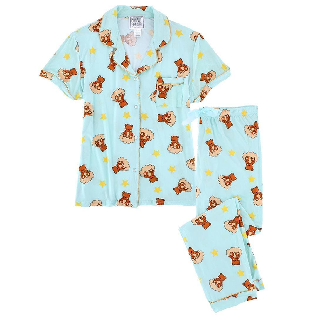 Mentally Exhausted Women's Notch Collar Dreamy Bear Pajama Set - Blue