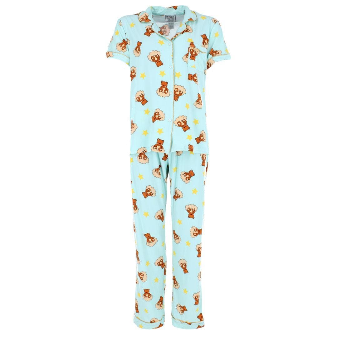 Mentally Exhausted Women's Notch Collar Dreamy Bear Pajama Set - Blue