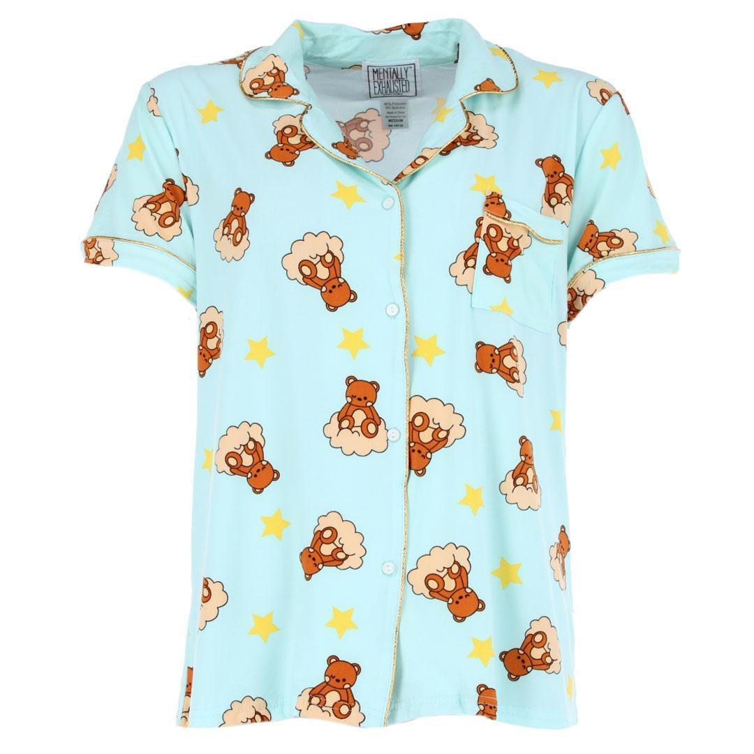 Mentally Exhausted Women's Notch Collar Dreamy Bear Pajama Set - Blue