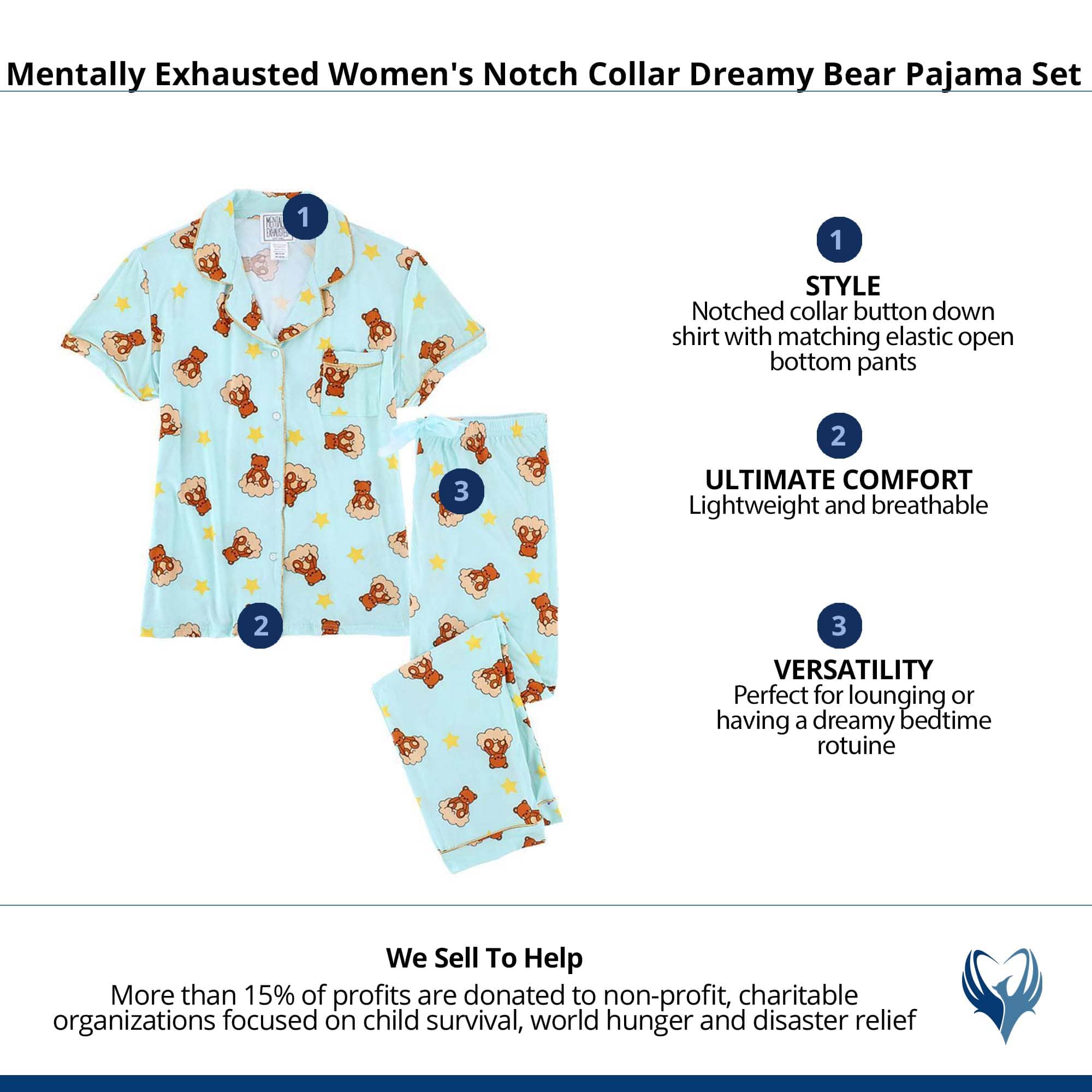 Mentally Exhausted Women's Notch Collar Dreamy Bear Pajama Set - Blue