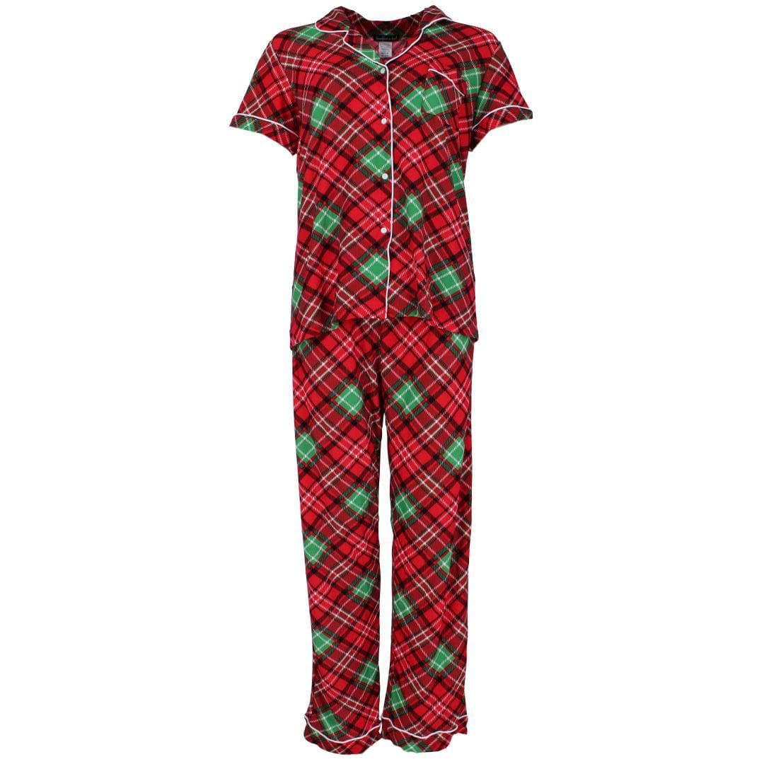 Breakfast in Bed Women's Plaid Notch Collar Short Sleeve Pajama Set - Red/Green