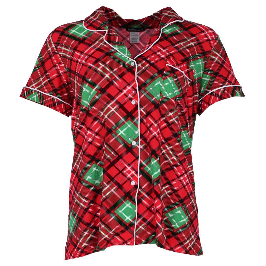 Breakfast in Bed Women's Plaid Notch Collar Short Sleeve Pajama Set - Red/Green