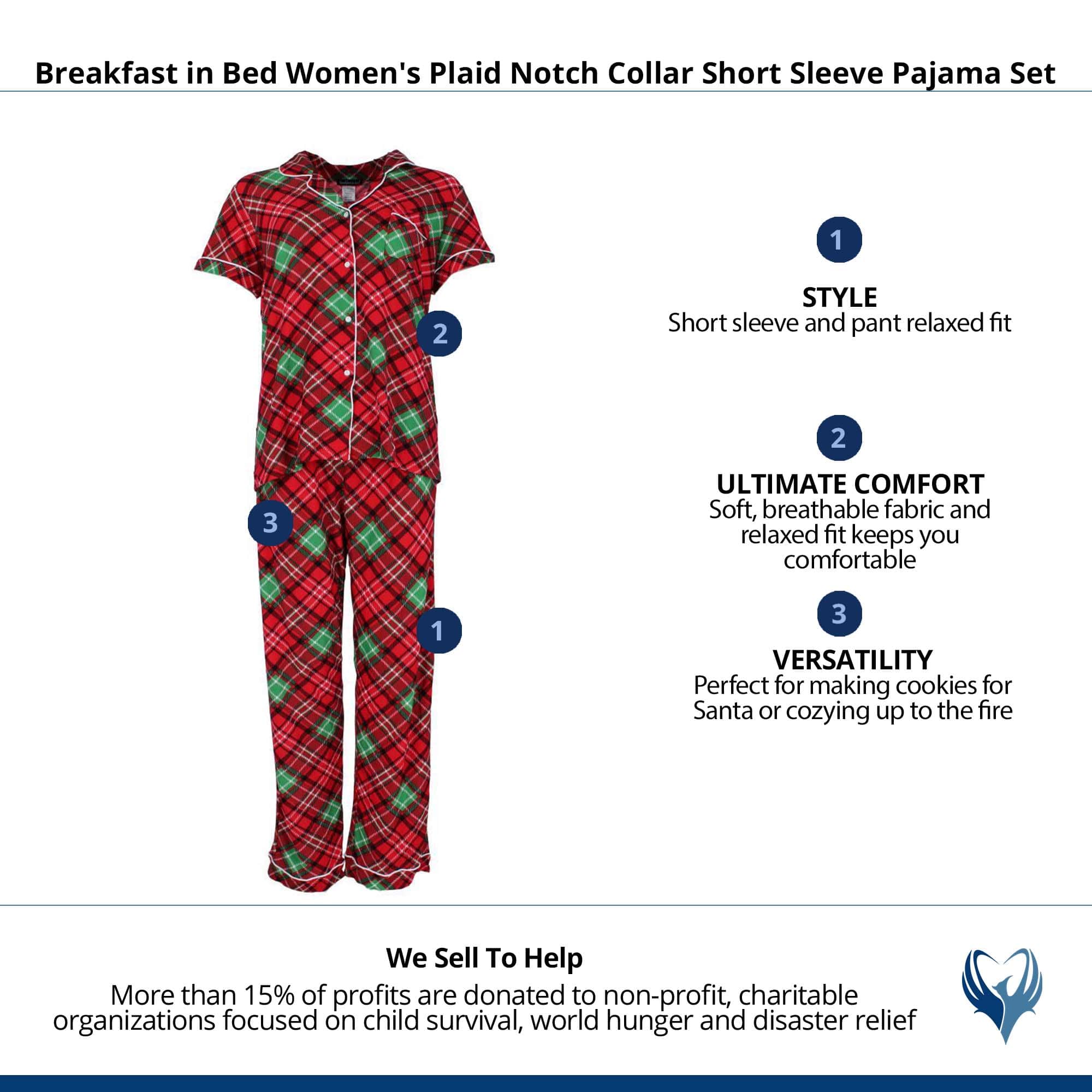 Breakfast in Bed Women's Plaid Notch Collar Short Sleeve Pajama Set - Red/Green