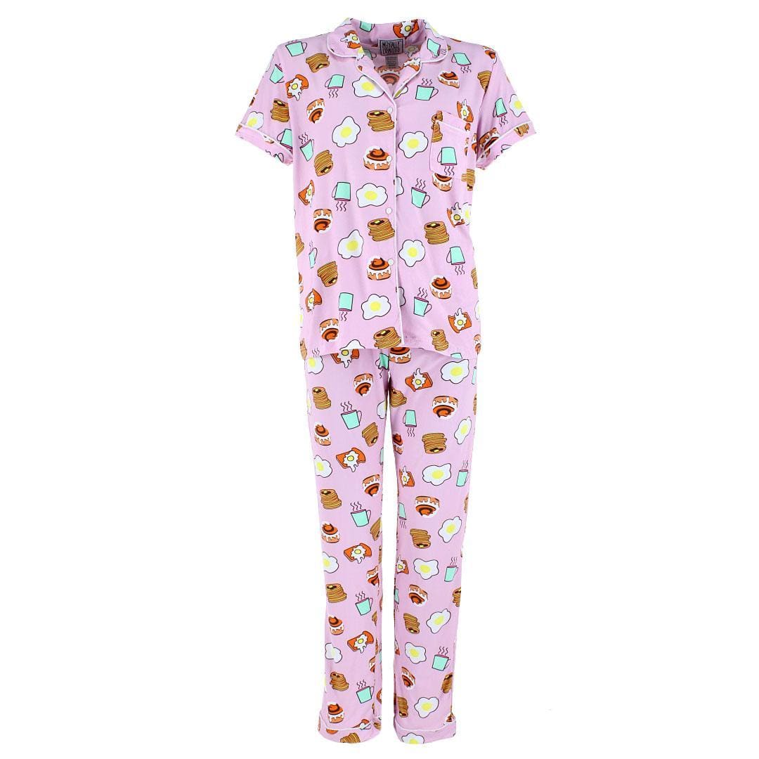 Mentally Exhausted Women's Breakfast Food Notched Collar Pajama Set - Pink