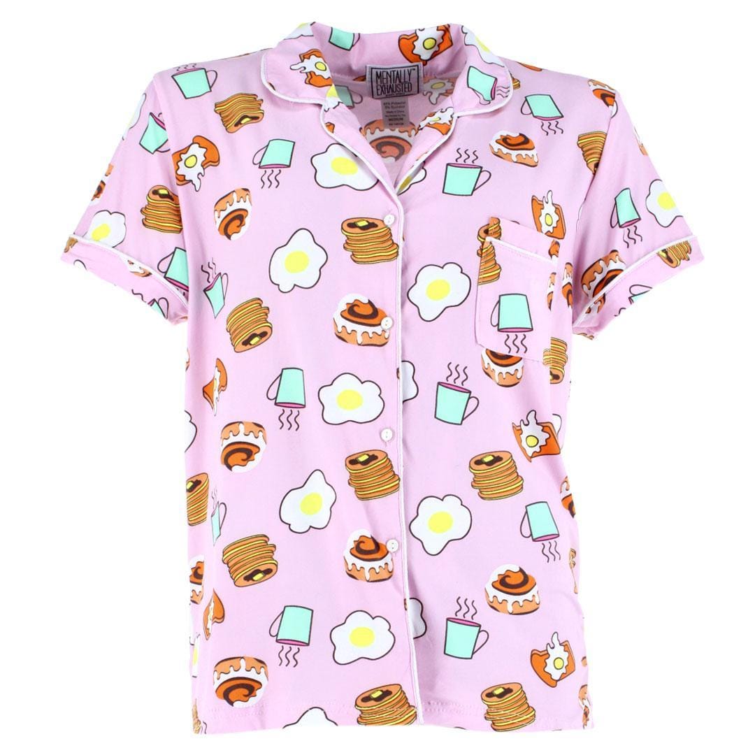 Mentally Exhausted Women's Breakfast Food Notched Collar Pajama Set - Pink