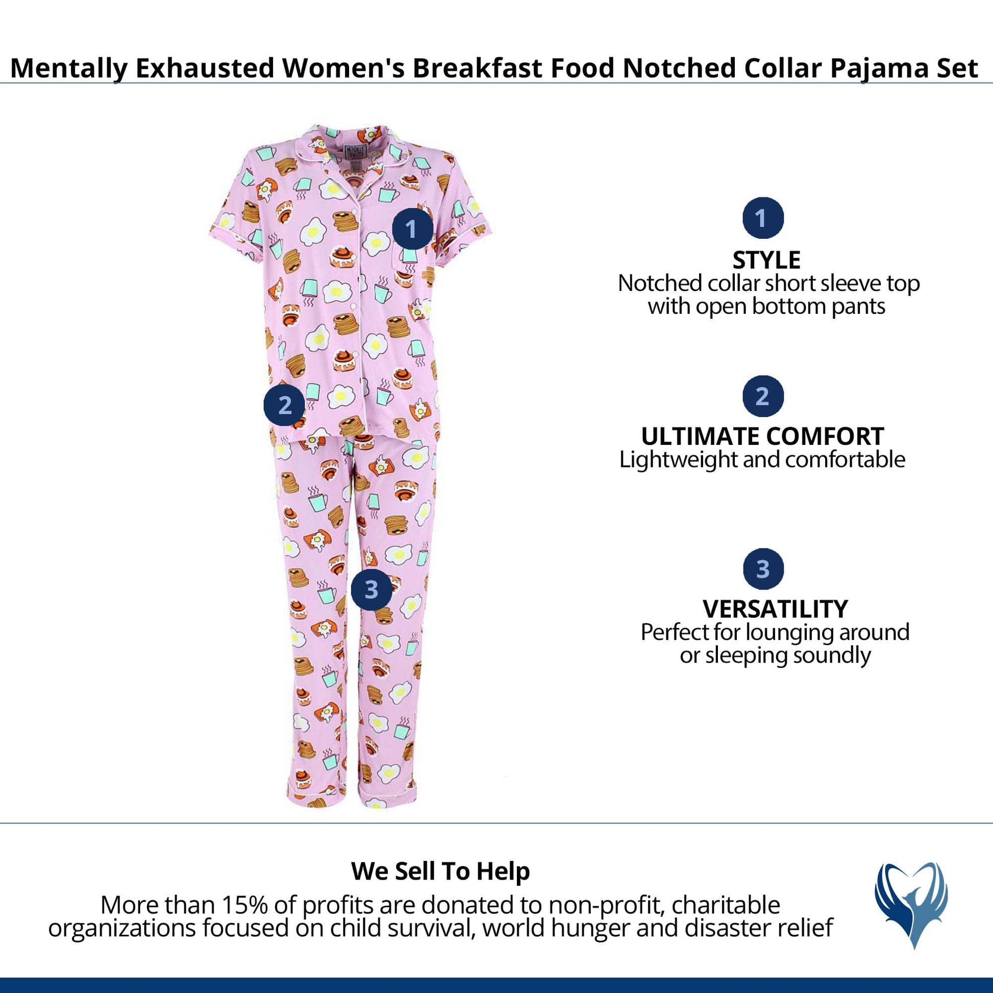 Mentally Exhausted Women's Breakfast Food Notched Collar Pajama Set - Pink