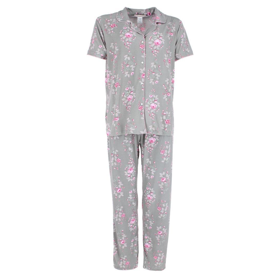 CTM® Women's Floral Notched Collar Picot Pajama Set - Gray