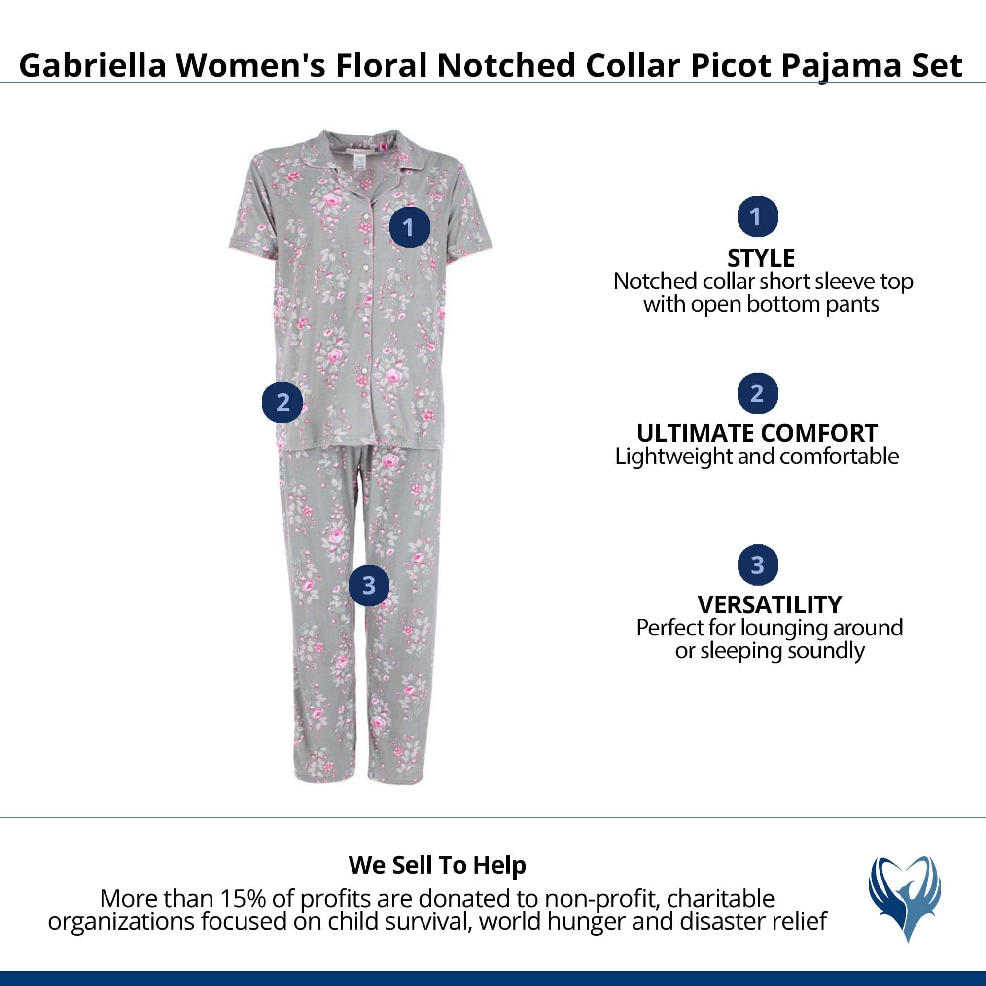 CTM® Women's Floral Notched Collar Picot Pajama Set - Gray