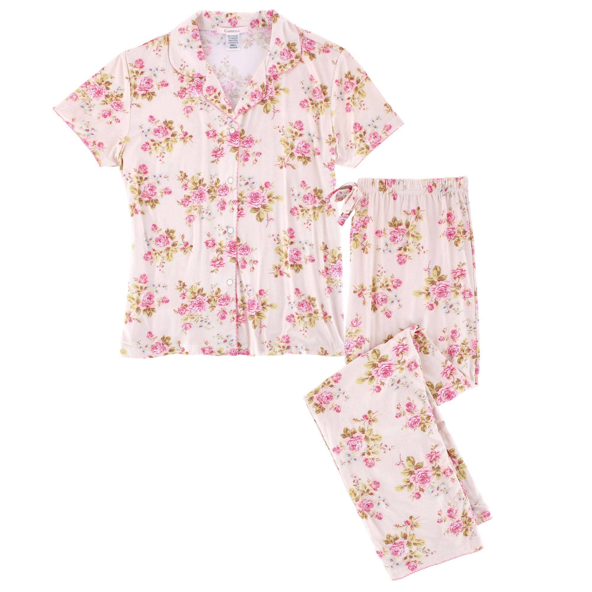 CTM® Women's Floral Notched Collar Picot Pajama Set
