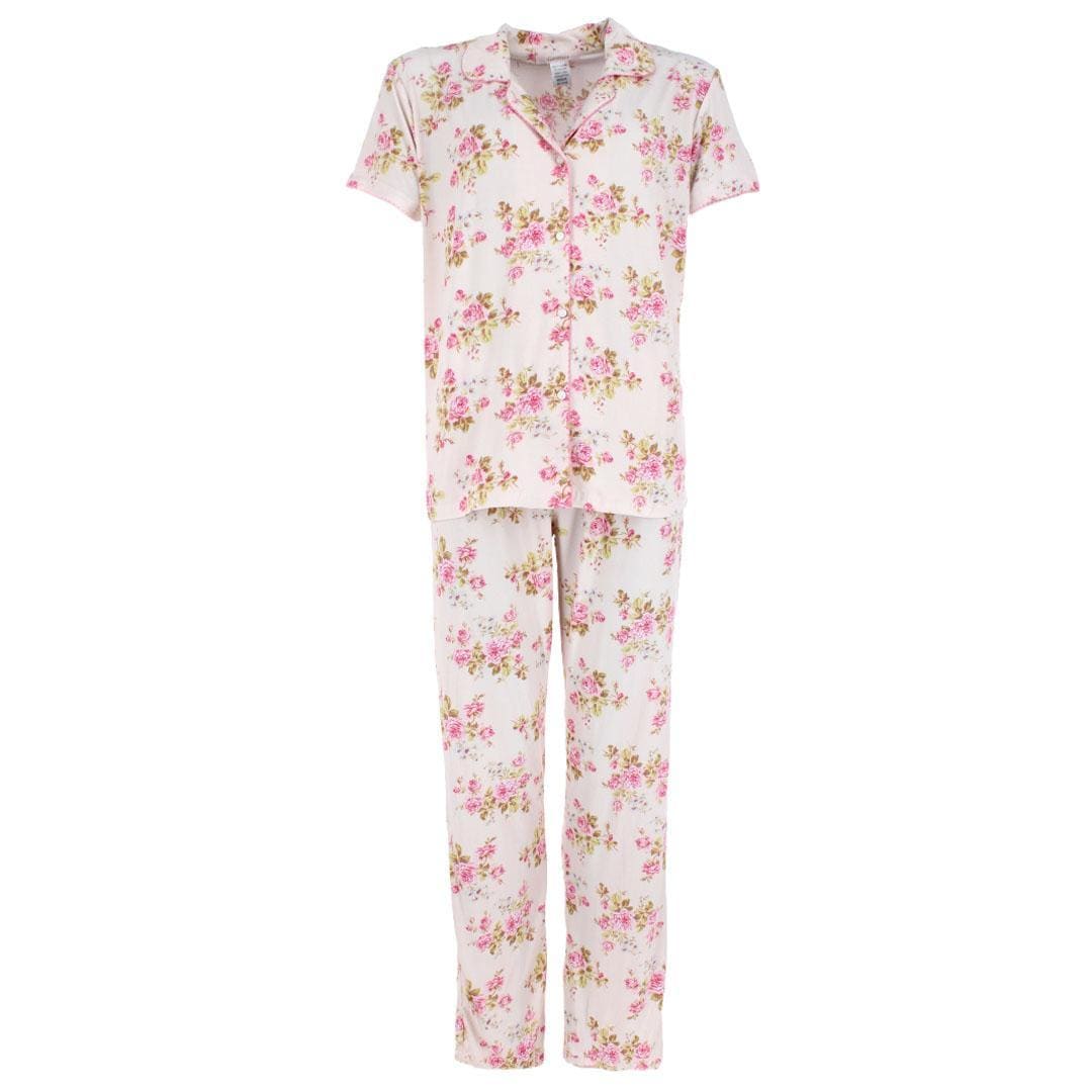 CTM® Women's Floral Notched Collar Picot Pajama Set - Pink