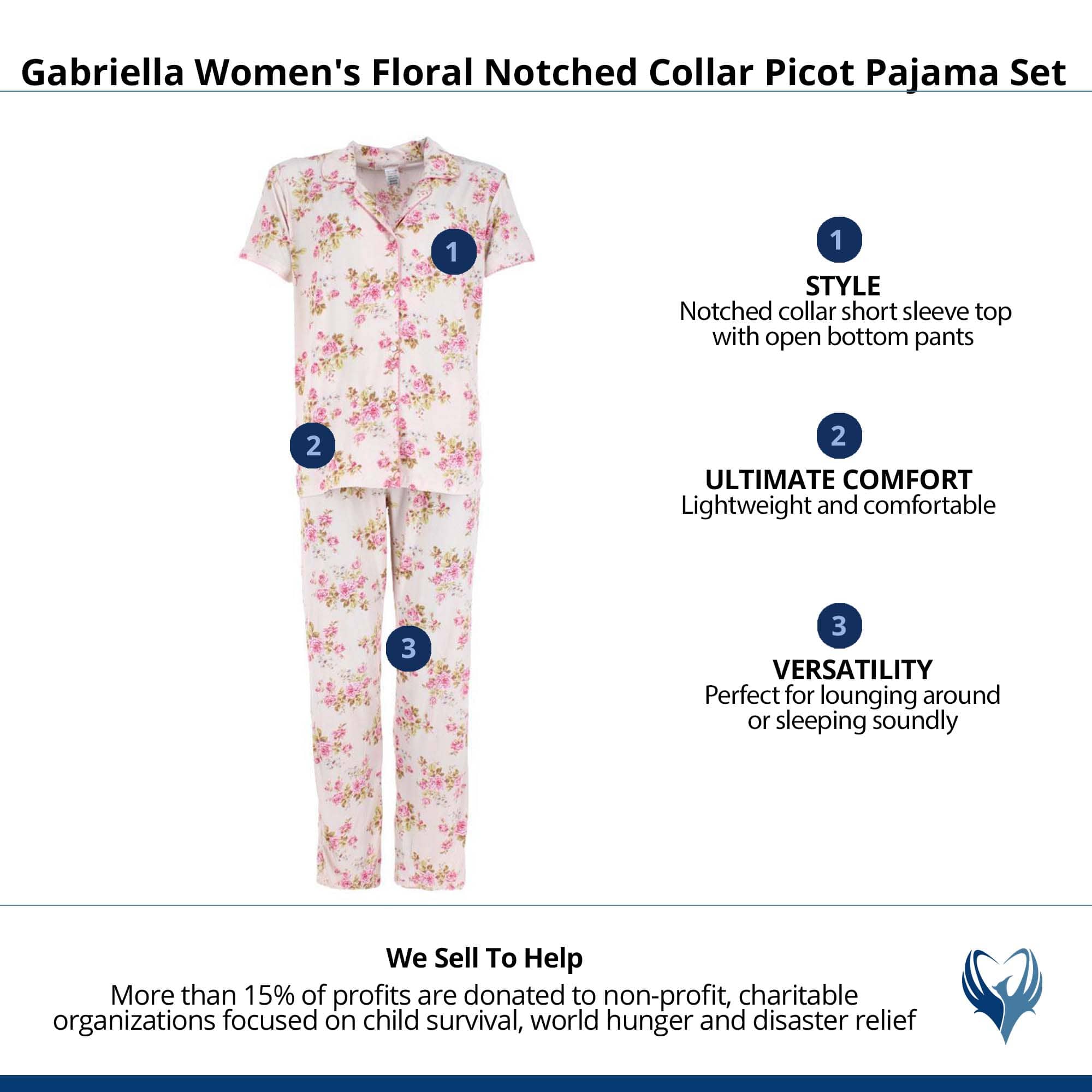 CTM® Women's Floral Notched Collar Picot Pajama Set - Pink