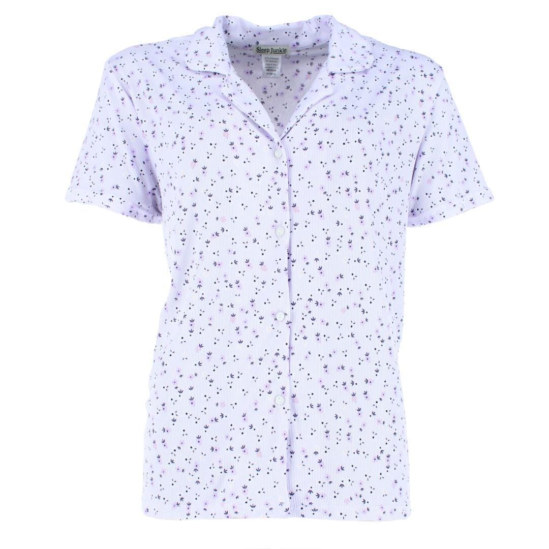 Sleep Junkie Women's Ditsy Floral Notch Collar Short Sleeve and Shorts Set - Purple
