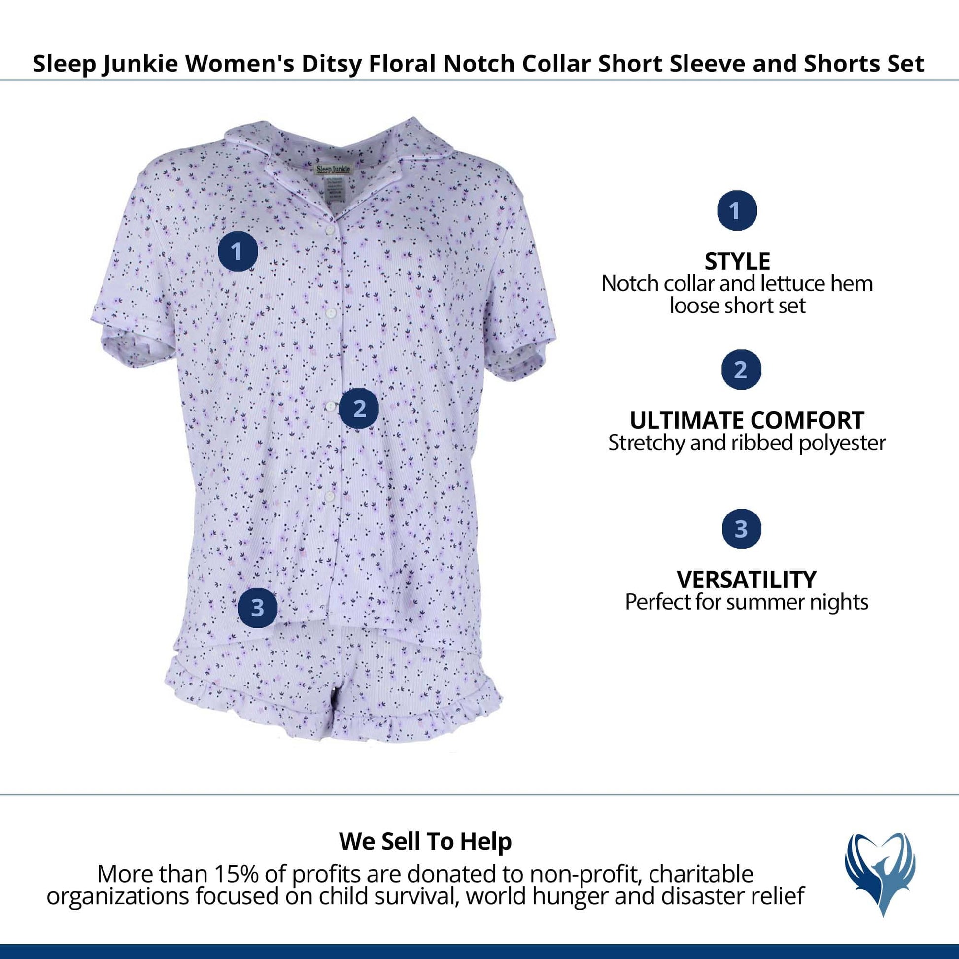 Sleep Junkie Women's Ditsy Floral Notch Collar Short Sleeve and Shorts Set - Purple