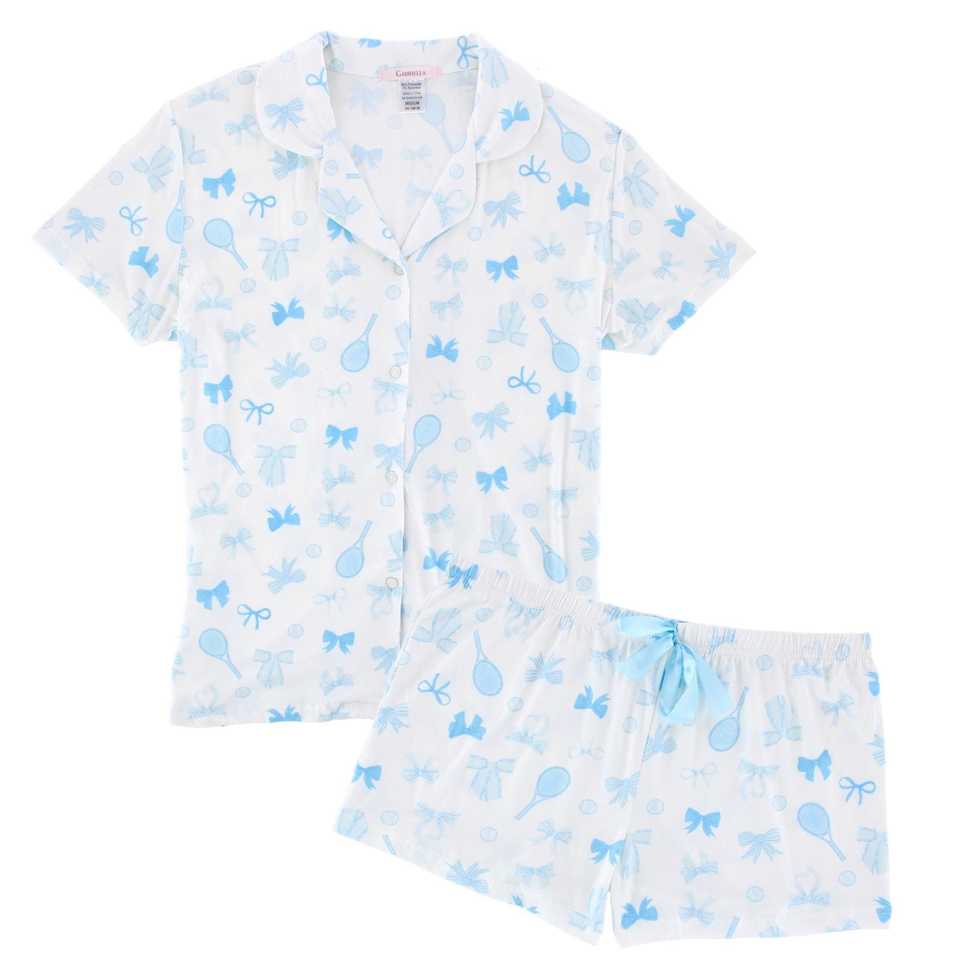 CTM® Women's Tennis and Bows Notched Collar Short Pajama Set - Blue