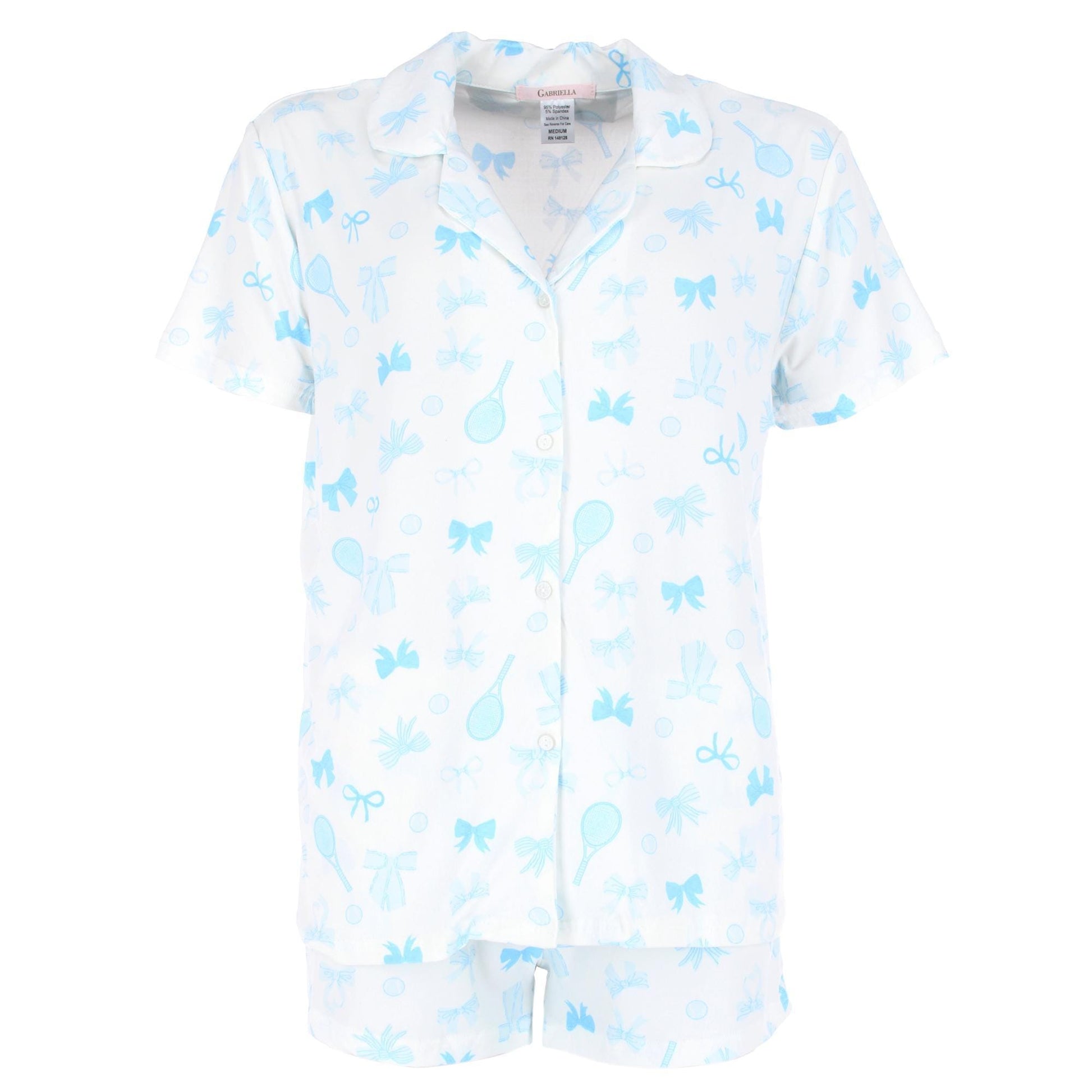 CTM® Women's Tennis and Bows Notched Collar Short Pajama Set - Blue