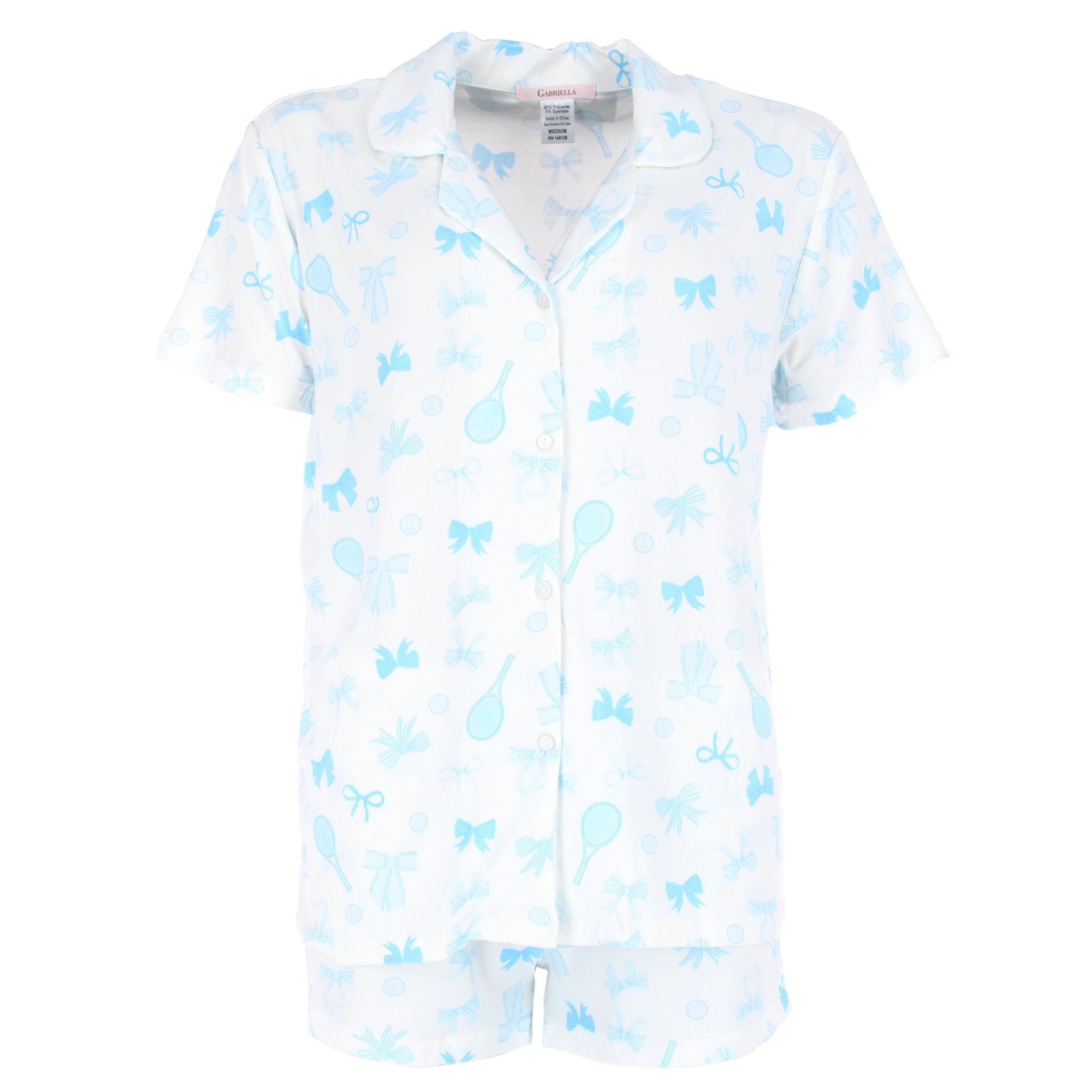 CTM® Women's Tennis and Bows Notched Collar Short Pajama Set - Blue