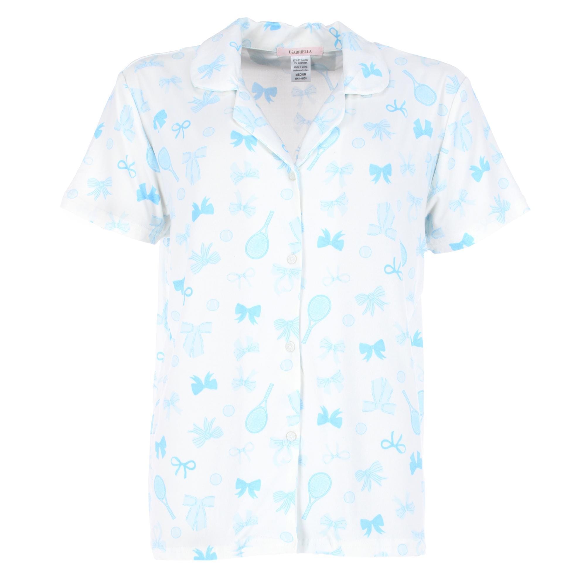 CTM® Women's Tennis and Bows Notched Collar Short Pajama Set - Blue