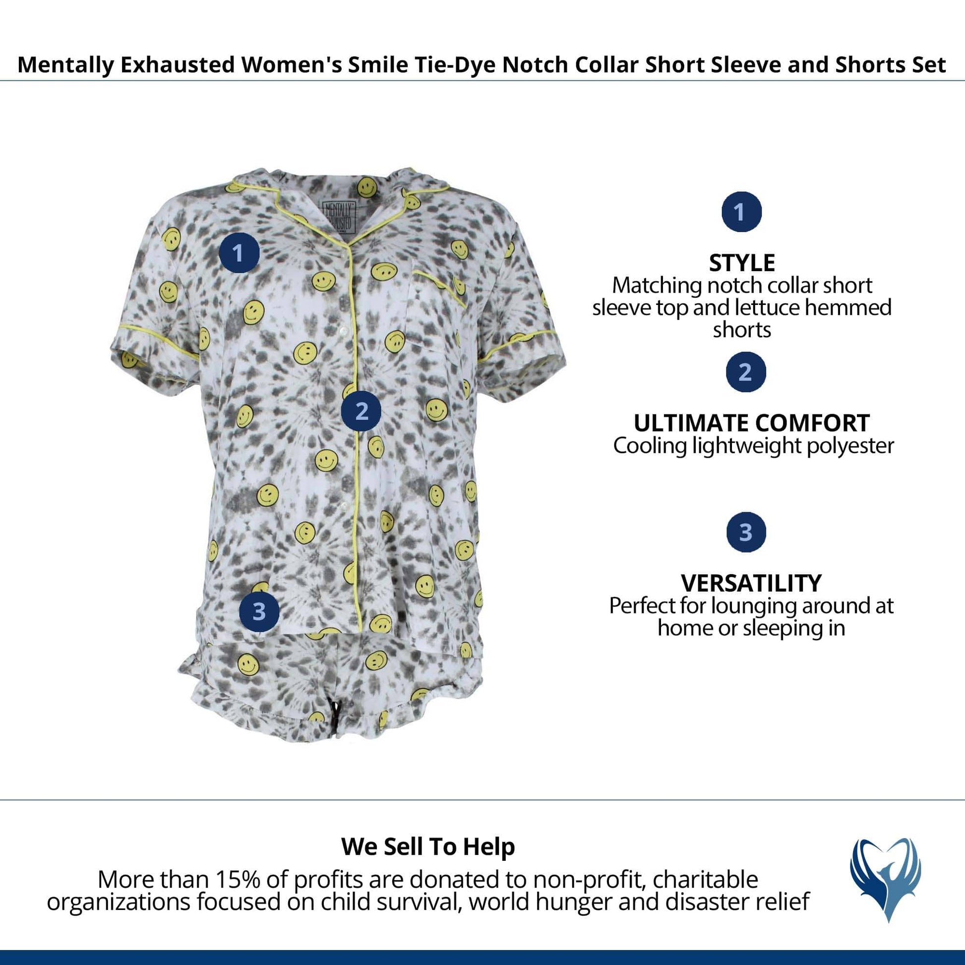 Mentally Exhausted Women's Smile Tie-Dye Collar Short Sleeve and Shorts Set - Multi