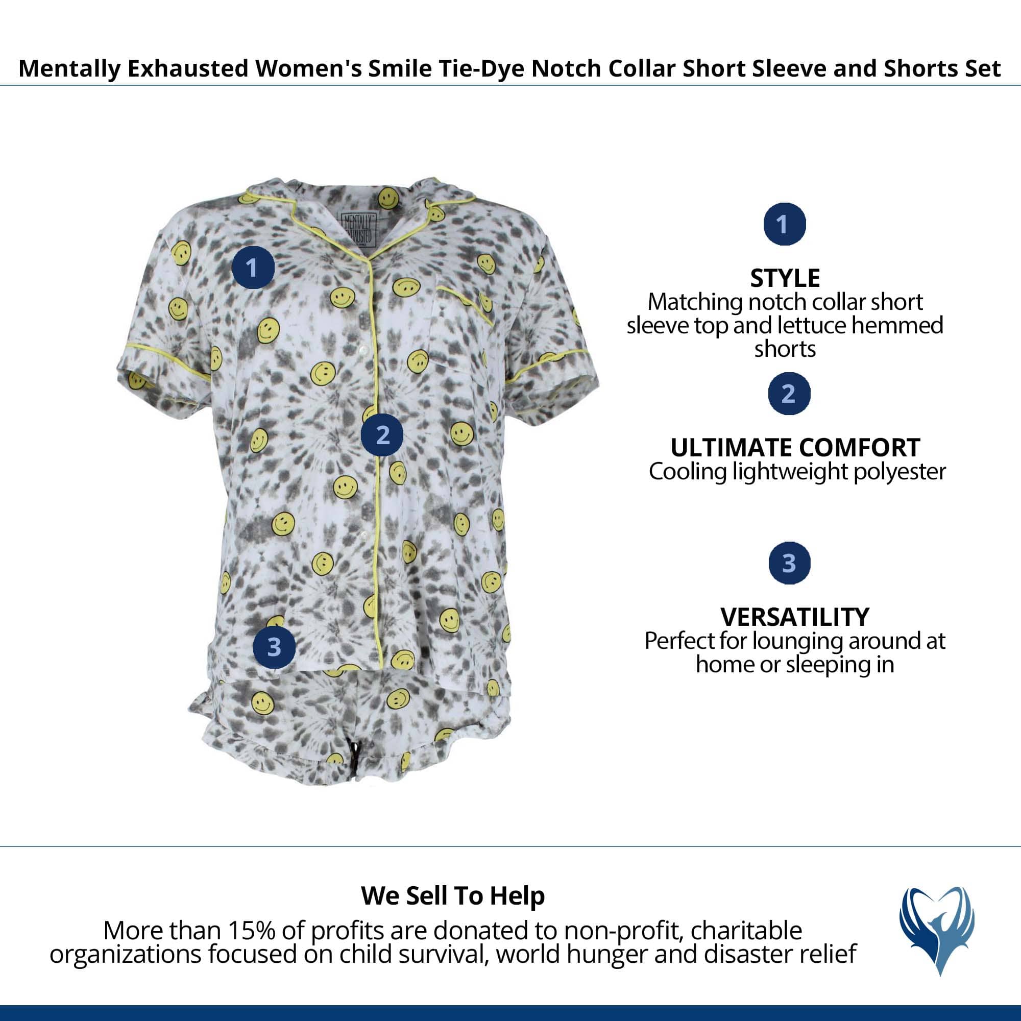 Mentally Exhausted Women's Smile Tie-Dye Collar Short Sleeve and Shorts Set - Multi
