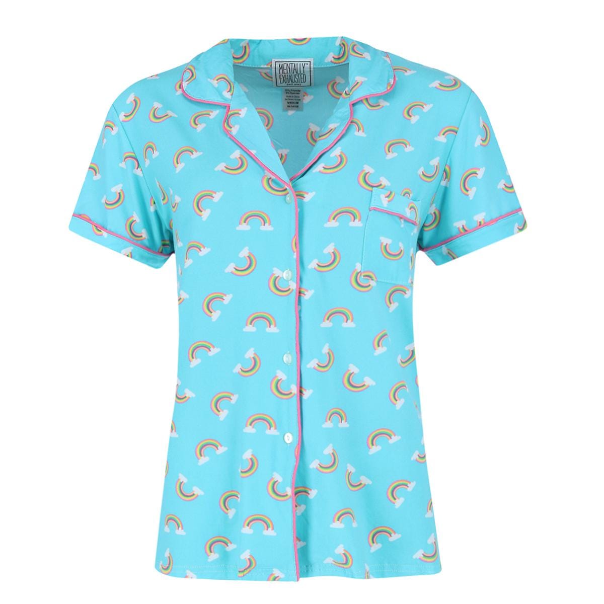 Mentally Exhausted Women's Rainbow Notch Short Sleeve and Shorts Pajama Set - Blue