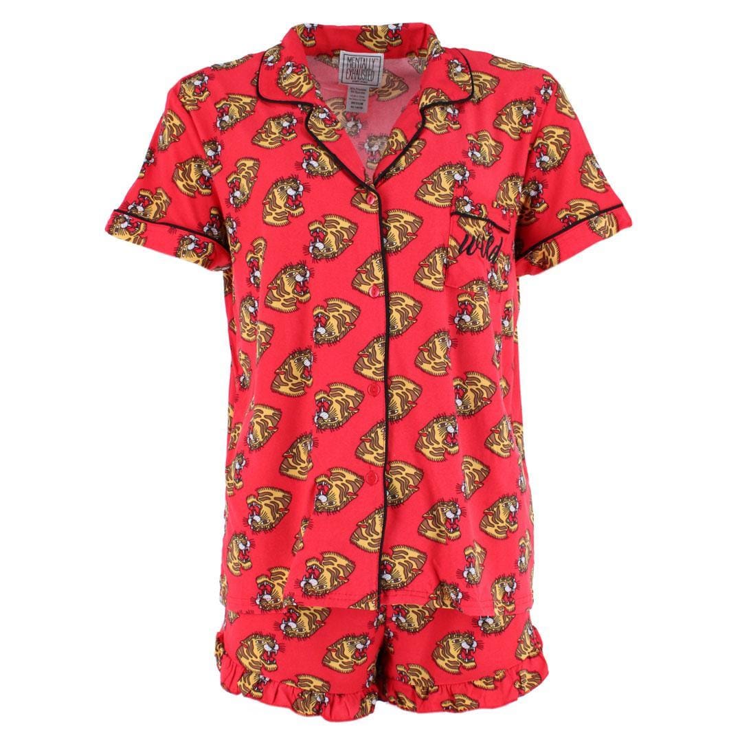Mentally Exhausted Women's Notch Collar Tiger Short Sleeve Pajama Set - Red