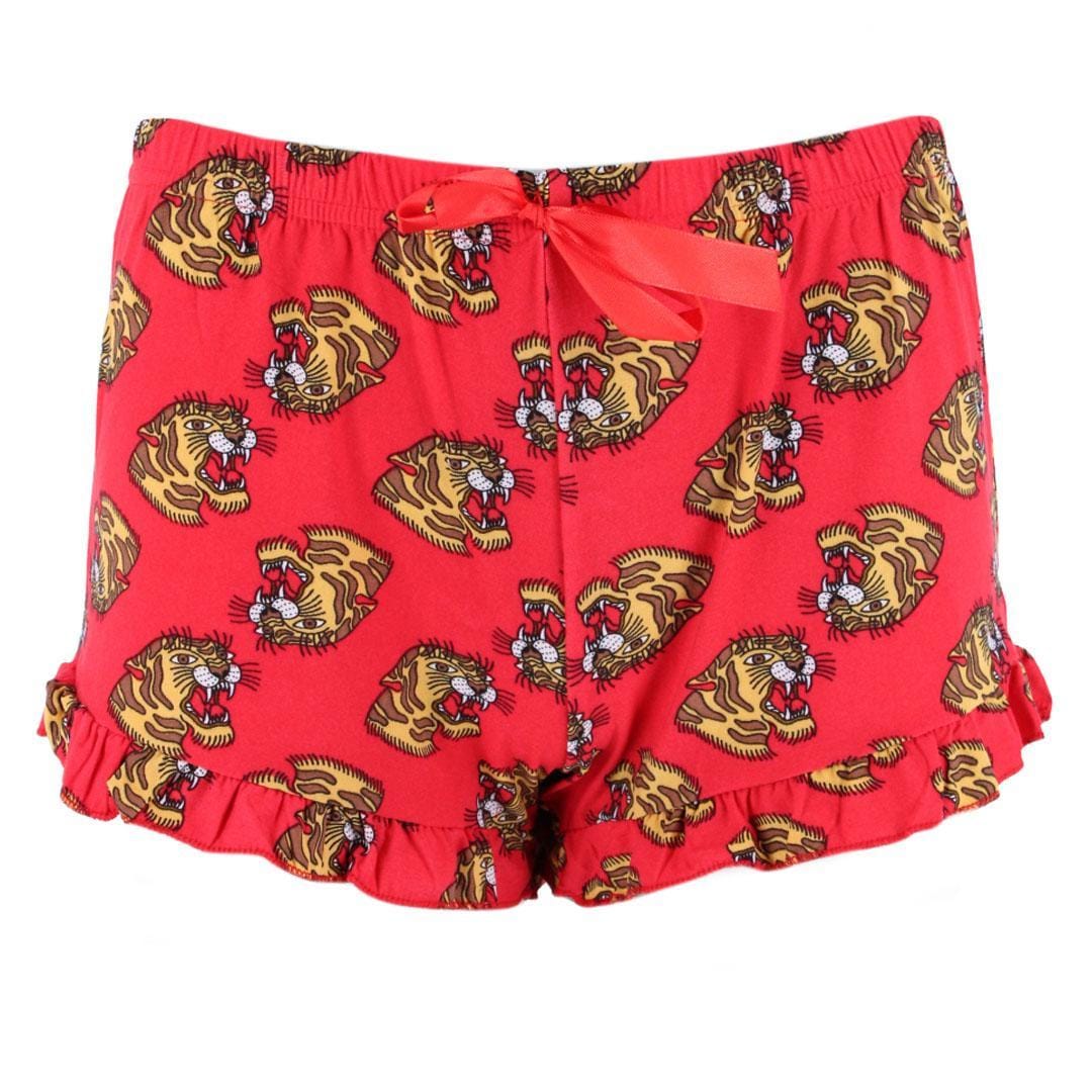 Mentally Exhausted Women's Notch Collar Tiger Short Sleeve Pajama Set - Red