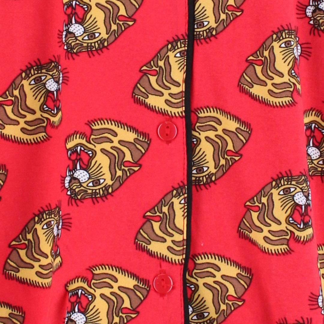 Mentally Exhausted Women's Notch Collar Tiger Short Sleeve Pajama Set - Red