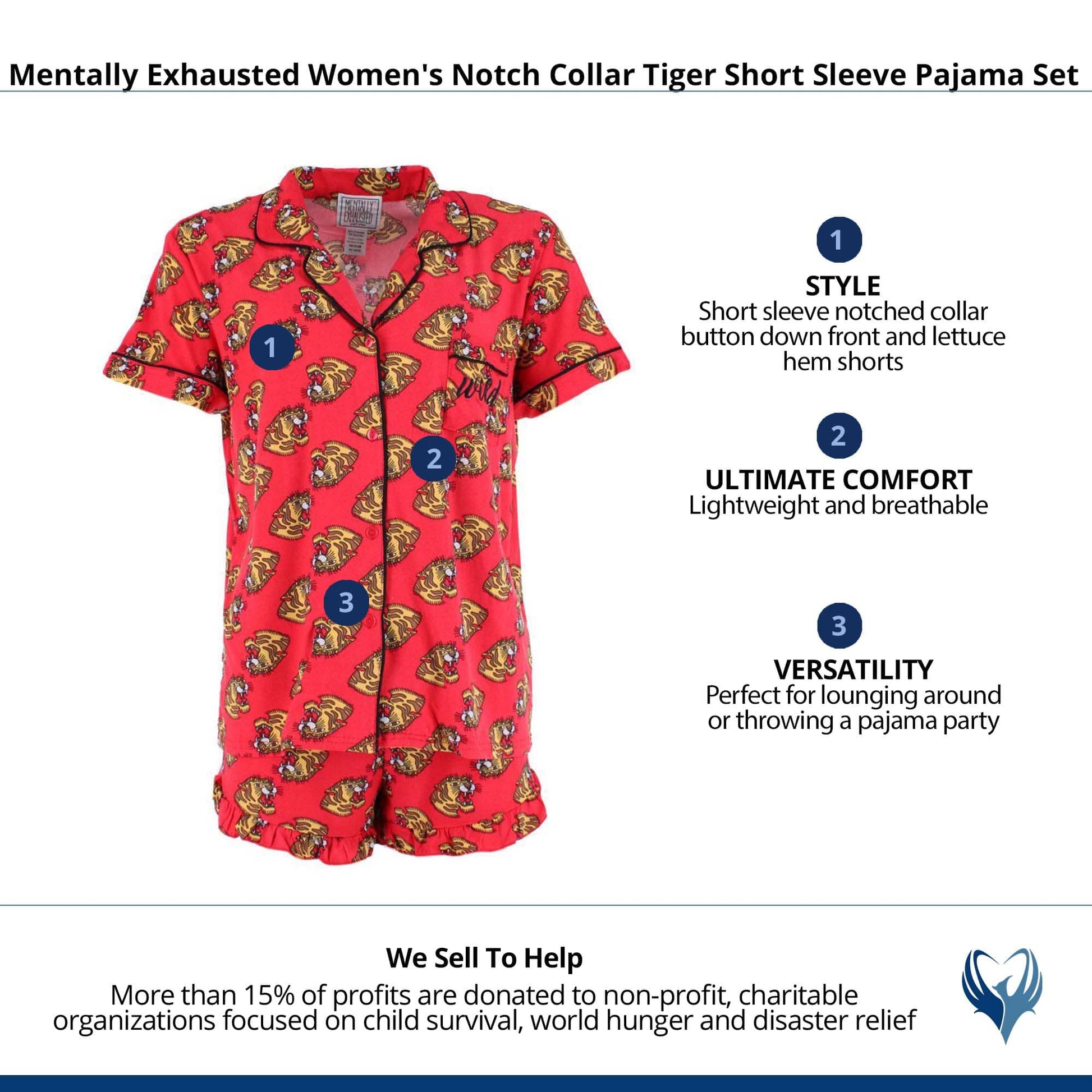 Mentally Exhausted Women's Notch Collar Tiger Short Sleeve Pajama Set - Red