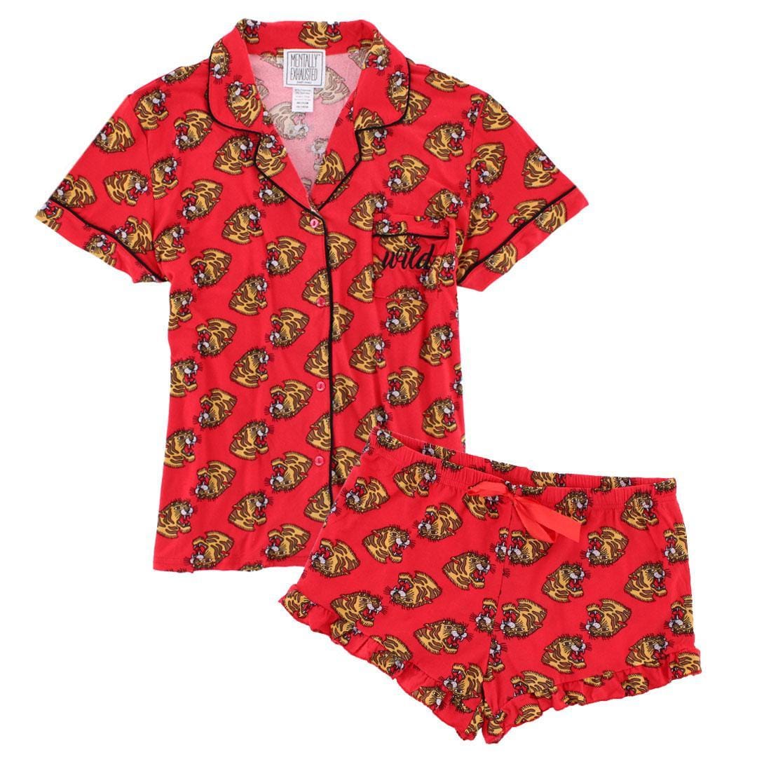 Mentally Exhausted Women's Notch Collar Tiger Short Sleeve Pajama Set - Women's Notch Collar Tiger Short Sleeve Pajama Set