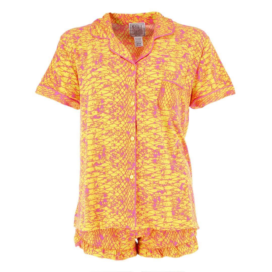 Mentally Exhausted Women's Snakeskin Print Short Pajama Set - Yellow