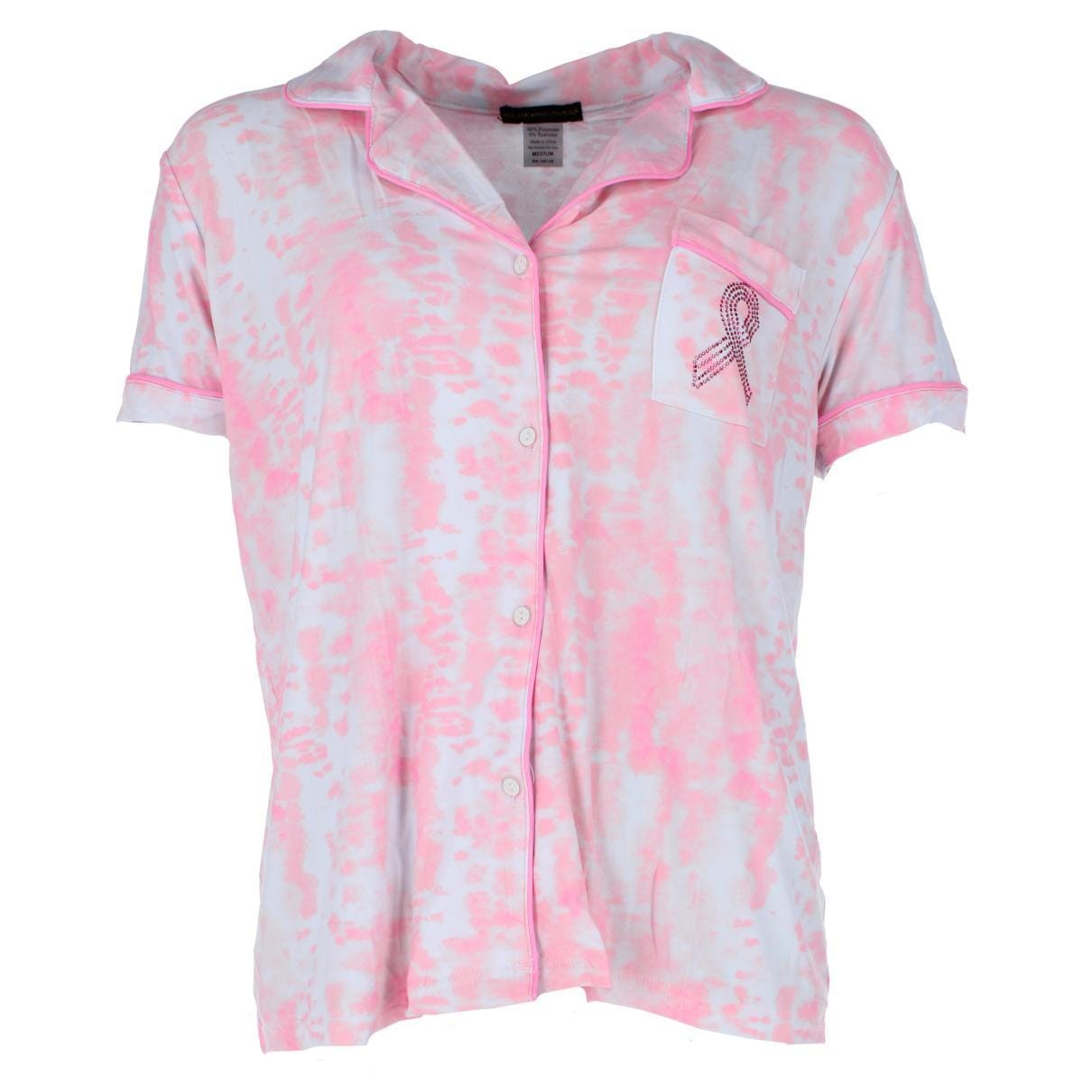Not a Morning Person Women's Pink Ribbon Tie-Dye Short Sleeve and Short Set - Light Pink