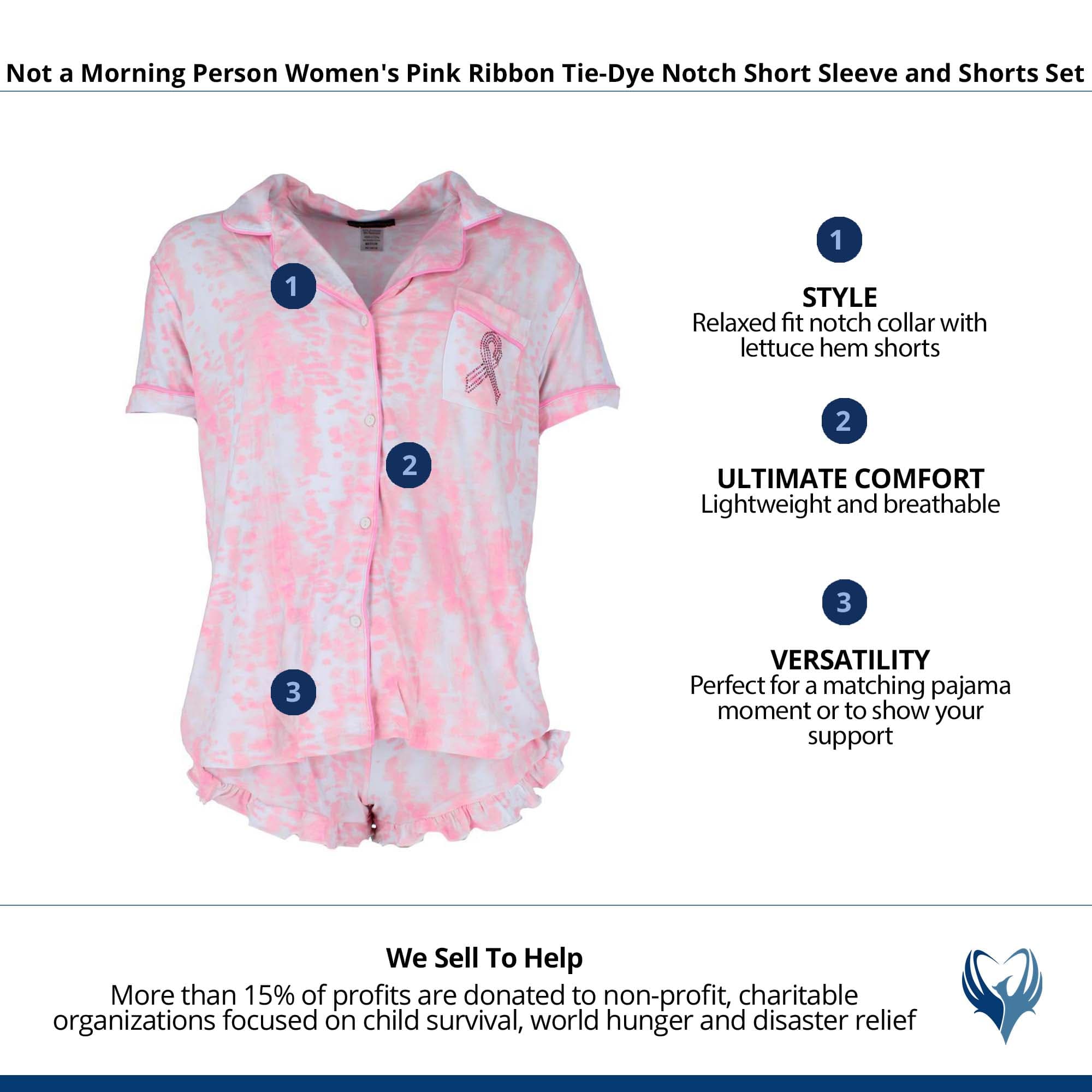 Not a Morning Person Women's Pink Ribbon Tie-Dye Short Sleeve and Short Set - Light Pink