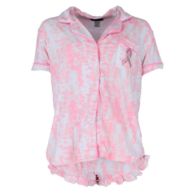 Women's Pink Ribbon Tie-Dye Notch Short Sleeve and Shorts Set