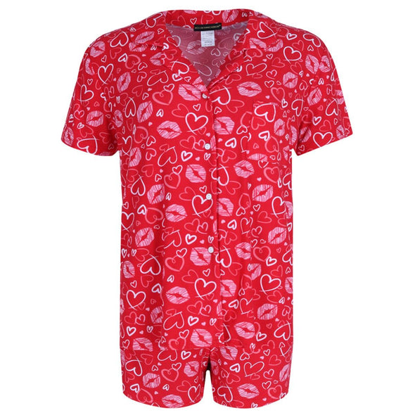 Women's Valentine Button Down Short Sleeve Shorts Pajama Set