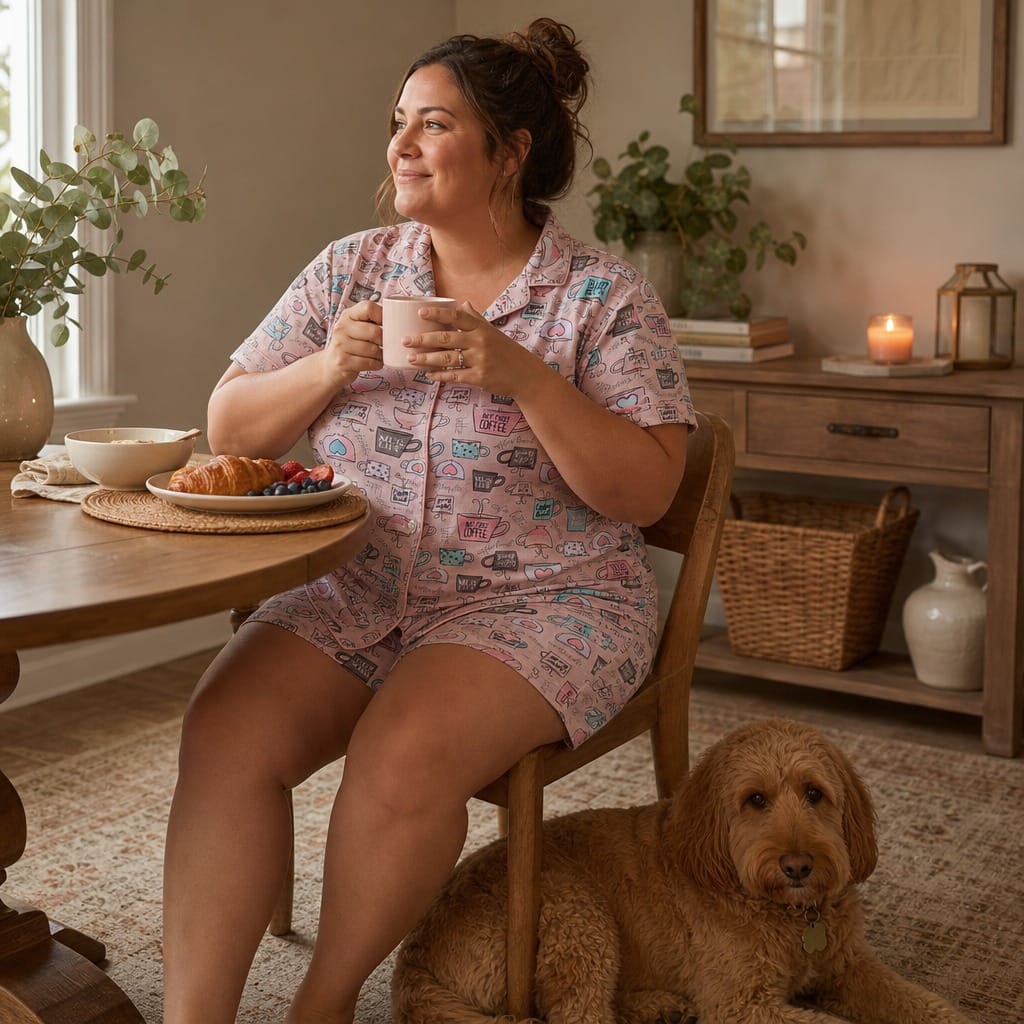 CTM® Women's Plus Size Notched Collar Coffee Short Pajama Set by Gabriella - Pink