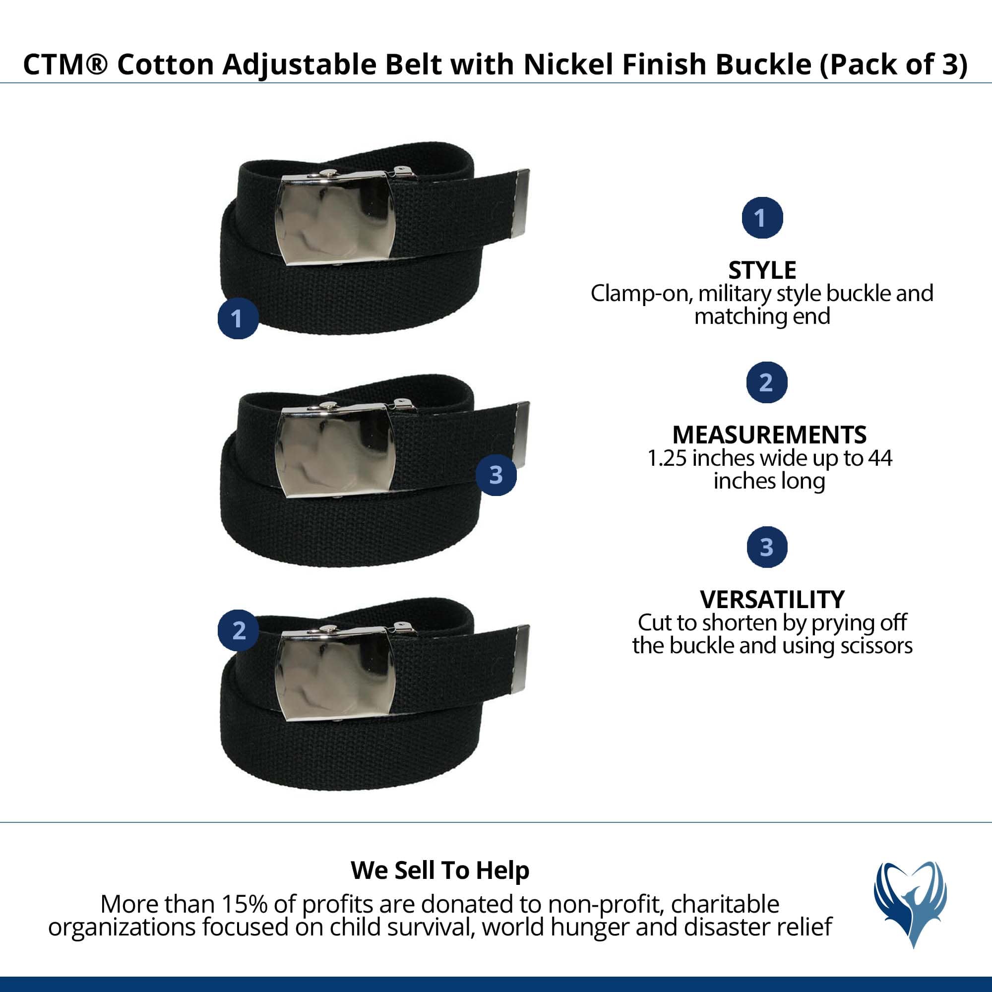CTM® Cotton Adjustable Belt with Nickel Finish Buckle (Pack of 3) - Black