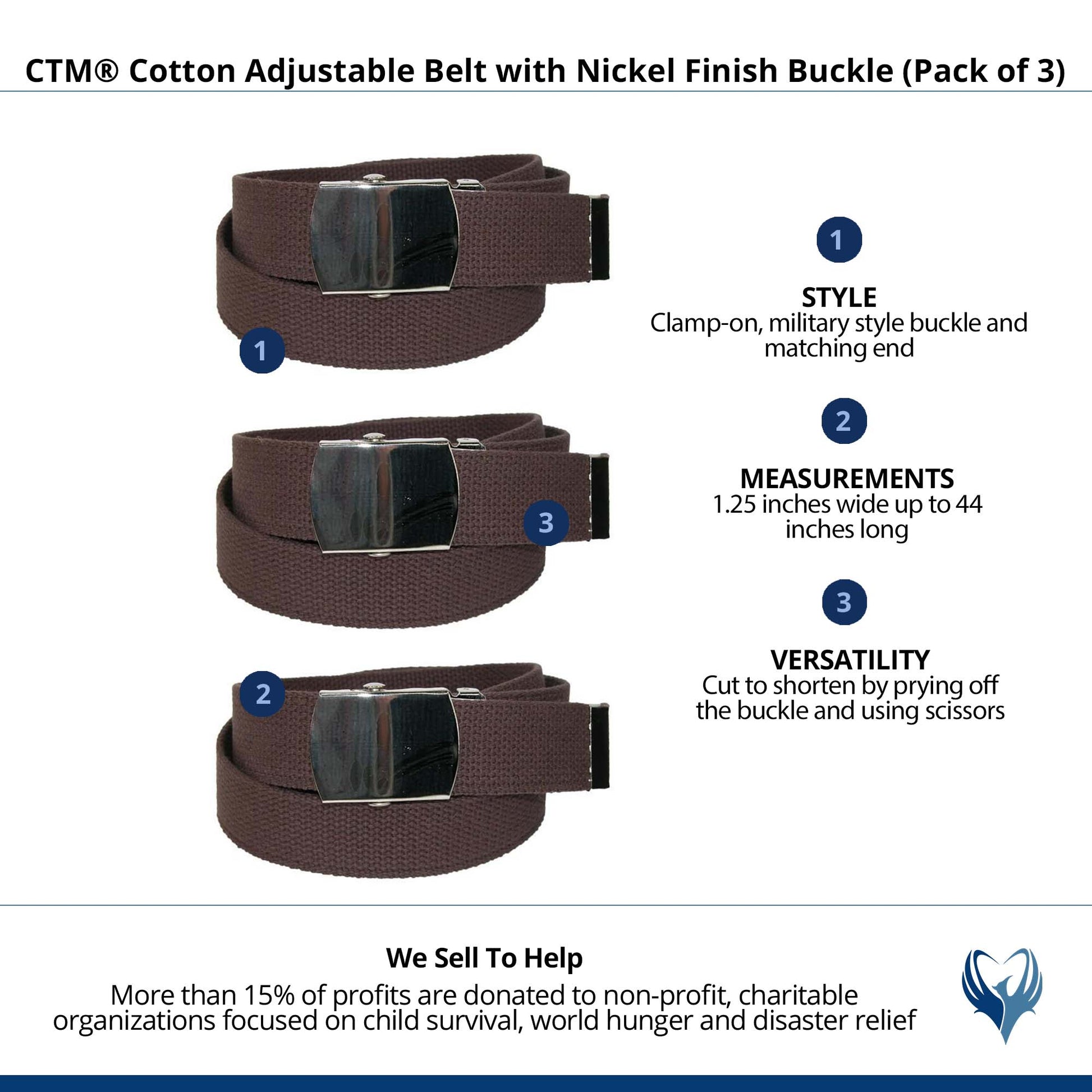 CTM® Cotton Adjustable Belt with Nickel Finish Buckle (Pack of 3) - Brown
